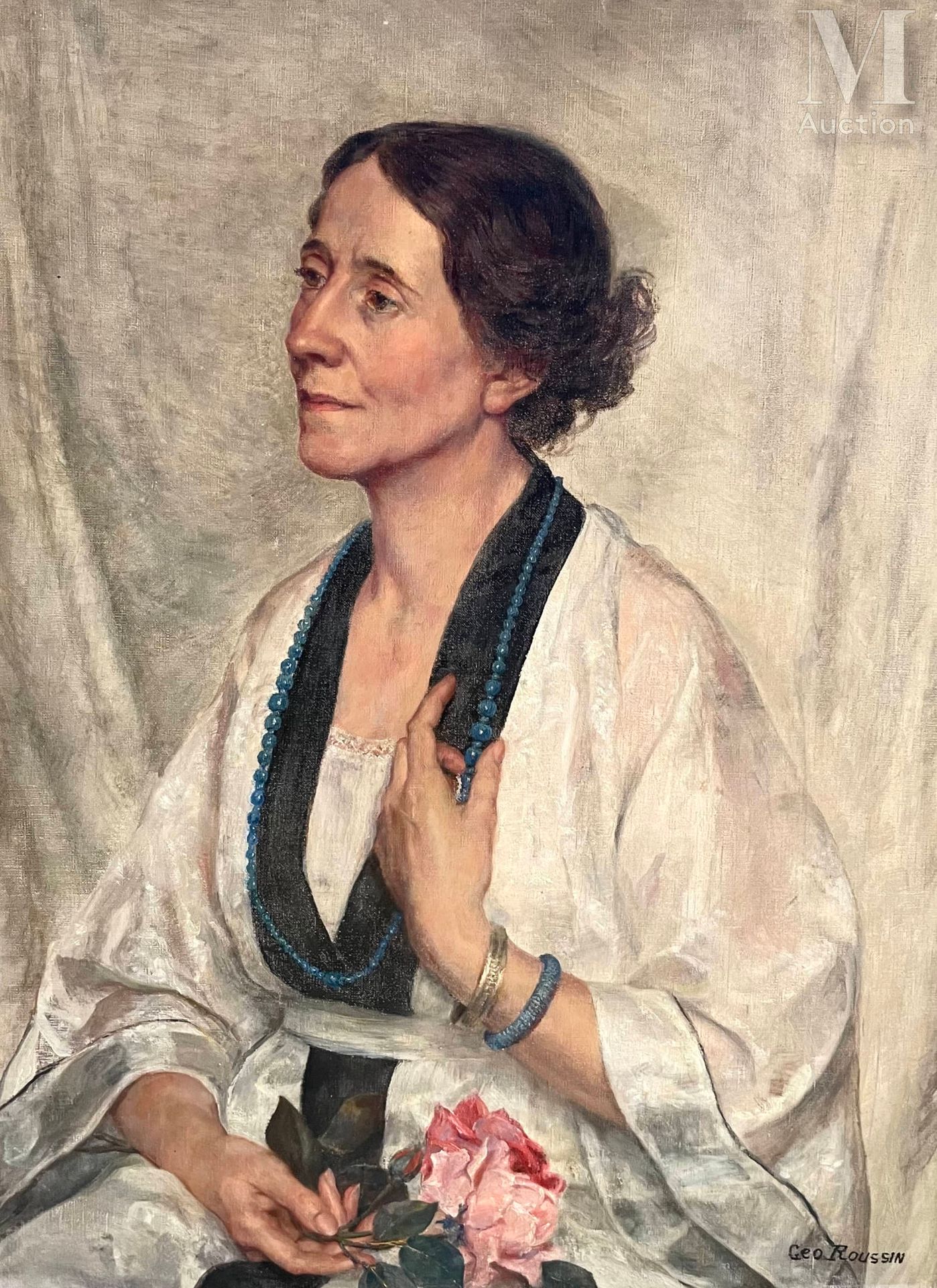 Georges ROUSSIN (1854-1941) Portrait de femme tenant des roses 
 
Huile sur toil&hellip;