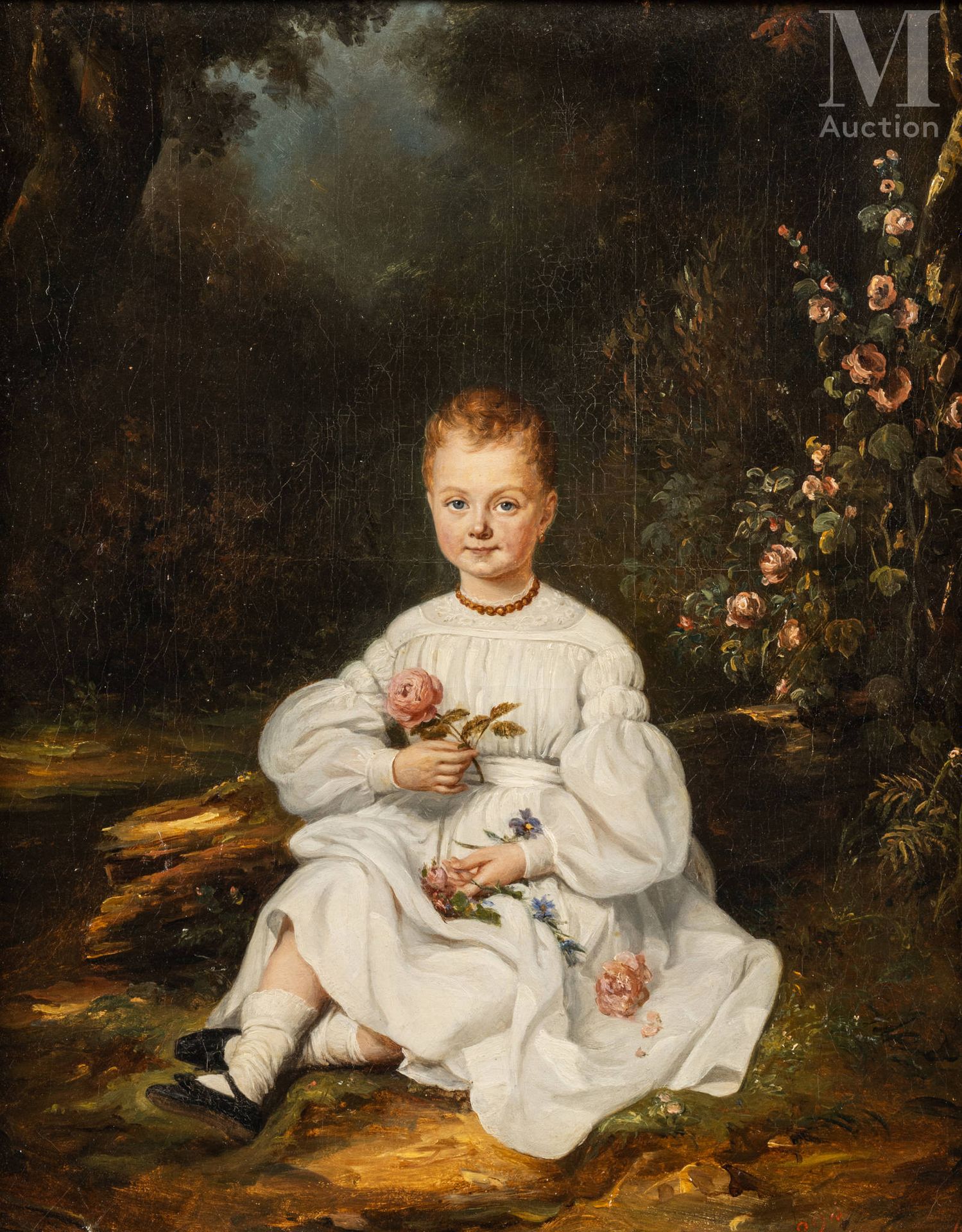 N. DANTEL, (Ecole FRANCAISE du XIXème siècle) Portrait d’enfant tenant des fleur&hellip;