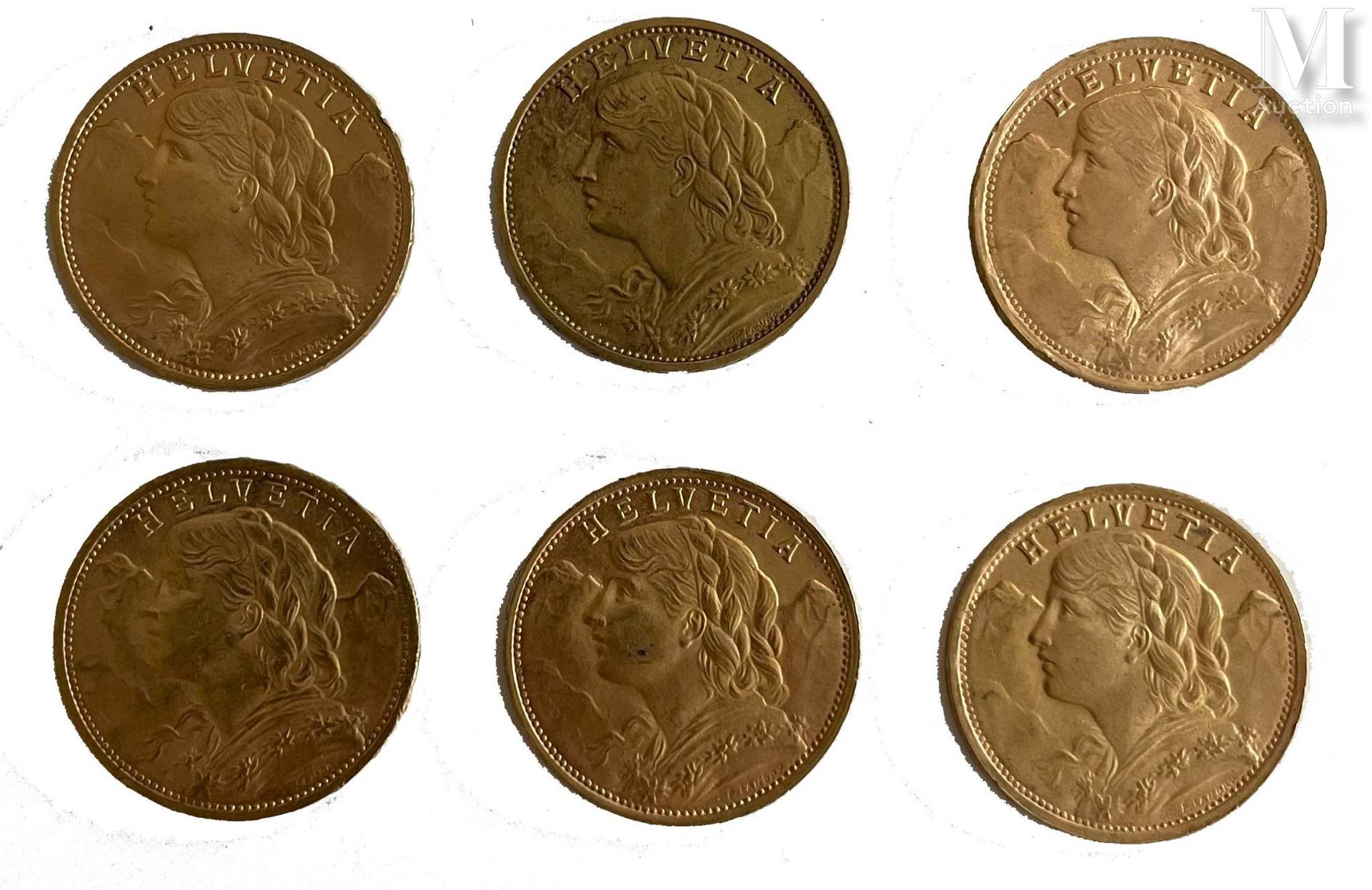 *Suisse - Helvetia Lot de six monnaies de 20 francs Suisse 

A : Tête à gauche d&hellip;