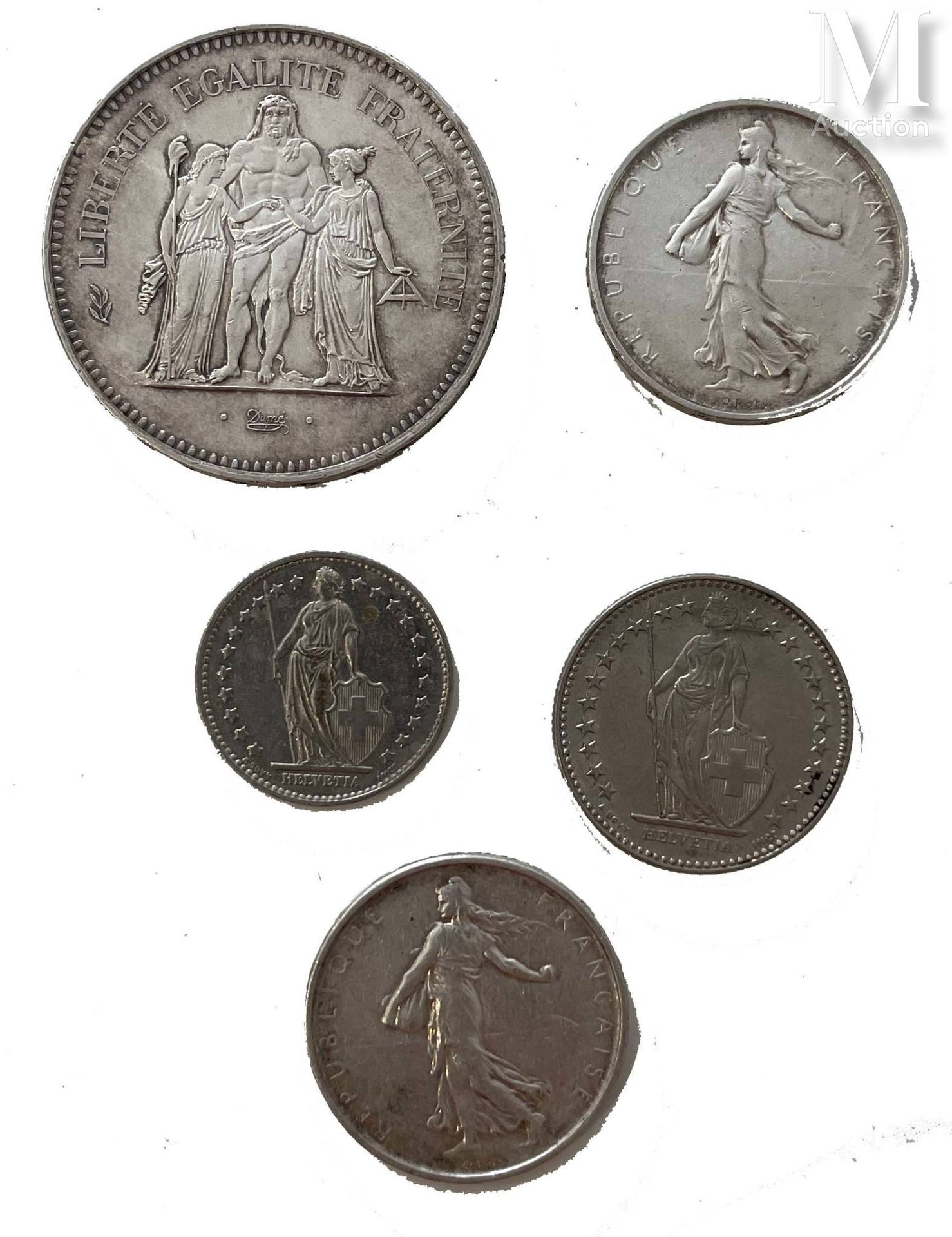 FRANCE - DIVERS 一批三枚银币，包括一枚50法郎的Hercules和两枚5法郎的Semeuse。包括1977年的1瑞士法郎和2004年的2瑞士法郎&hellip;