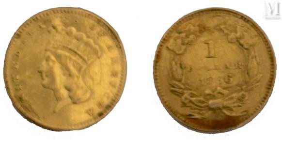 États-Unis - 一枚1856年的1美元硬币

答：印度妇女左侧的头像

R: 烟叶、棉花和玉米及小麦穗的皇冠

条件：B

材质 : 黄金

重量：1&hellip;