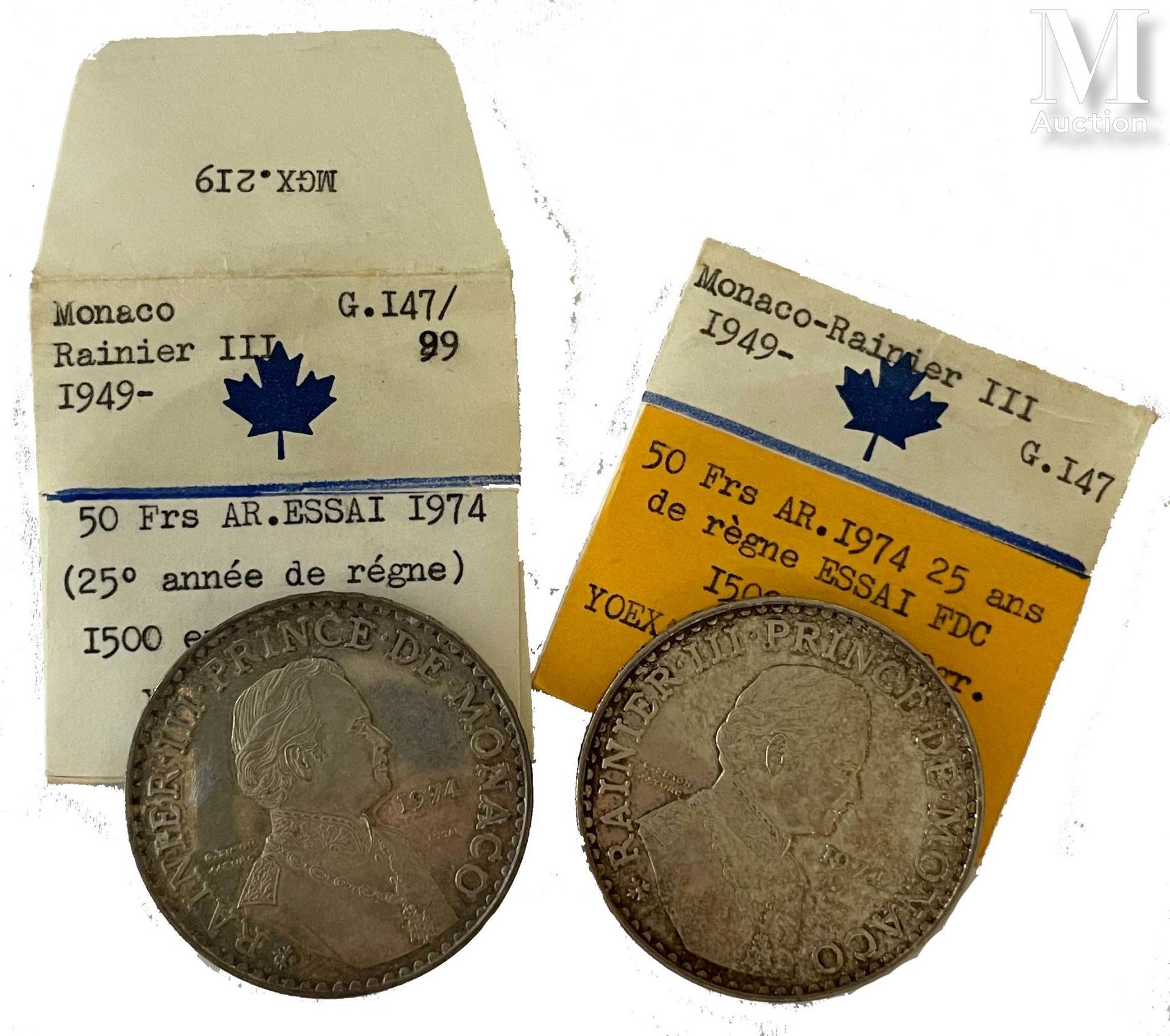 Monaco - Rainier III (1949-2005) 两枚50法郎硬币拍品，1974年

A: 右边是雷尼尔三世的衣着半身像

R: 4个加冕的R
&hellip;