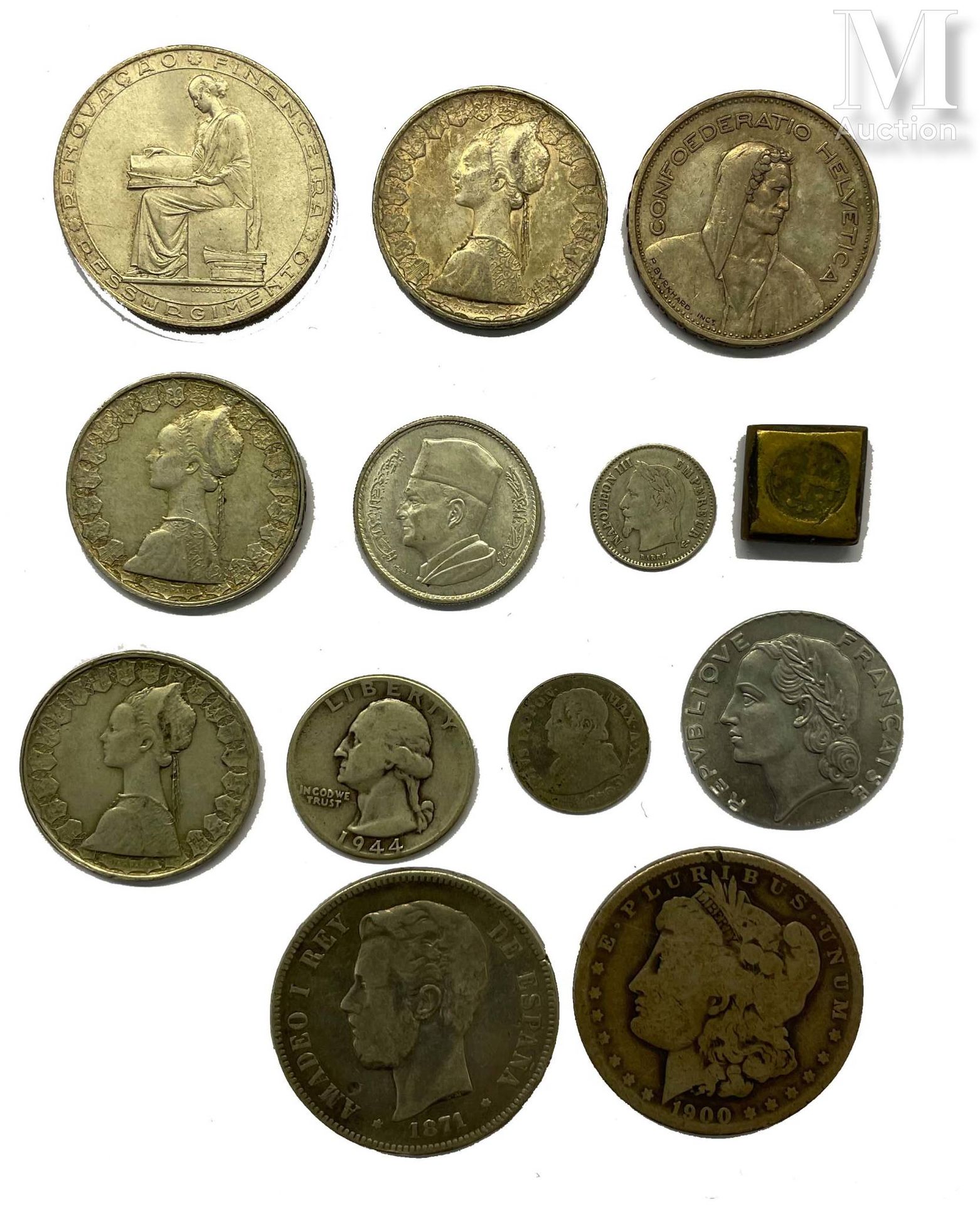 Monde - divers 一批不同的世界硬币，包括1871年的5比塞塔斯-阿马德奥一世，1900年的1美元，20葡萄牙埃斯库多，三个500里拉硬币，5瑞士法&hellip;