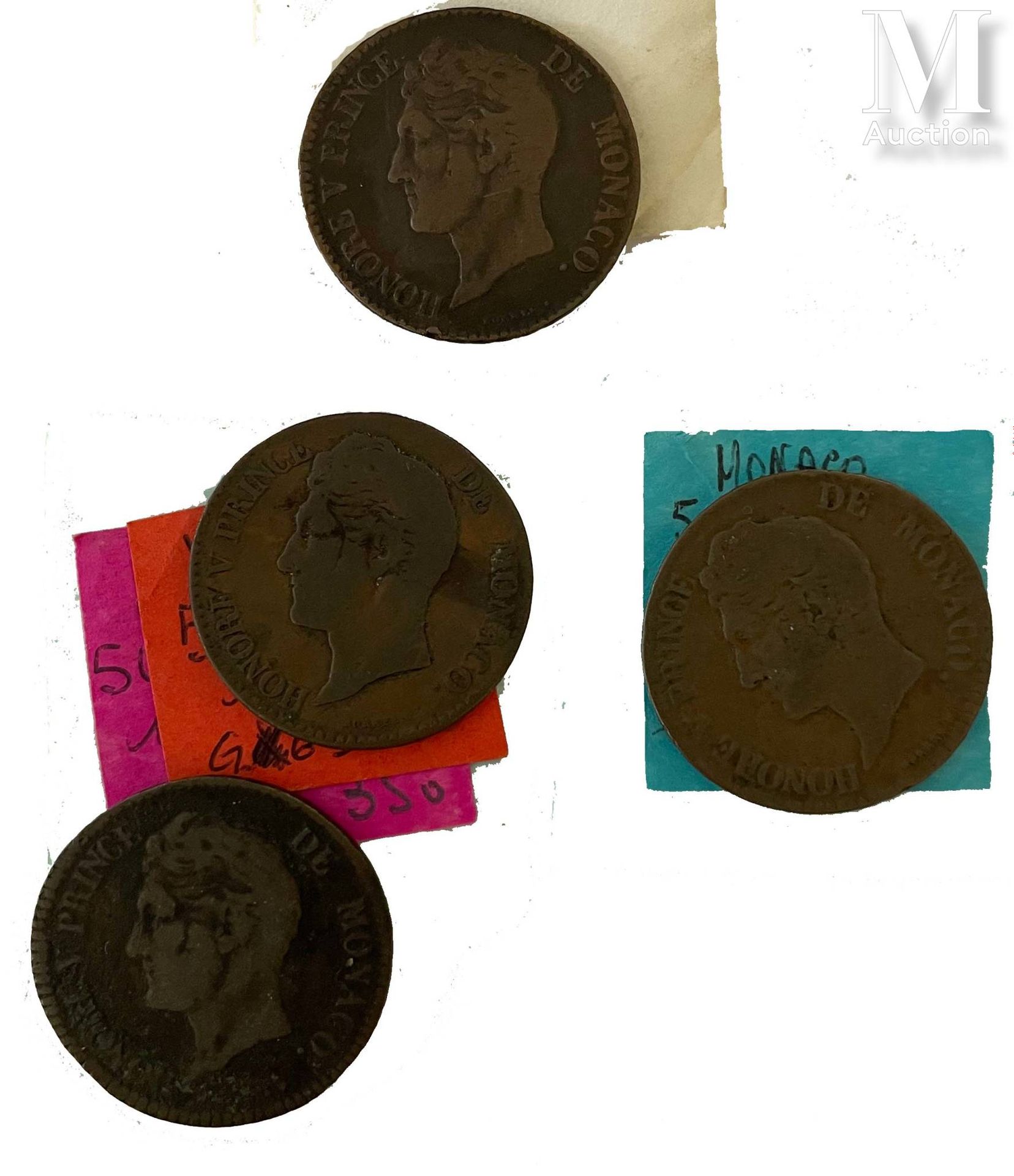 Monaco - Honoré V (1819-1841) 一批四枚5分硬币，1837年，1838年，MC

A: 奥诺雷五世左侧的裸体头像

R：封闭的橡木花&hellip;