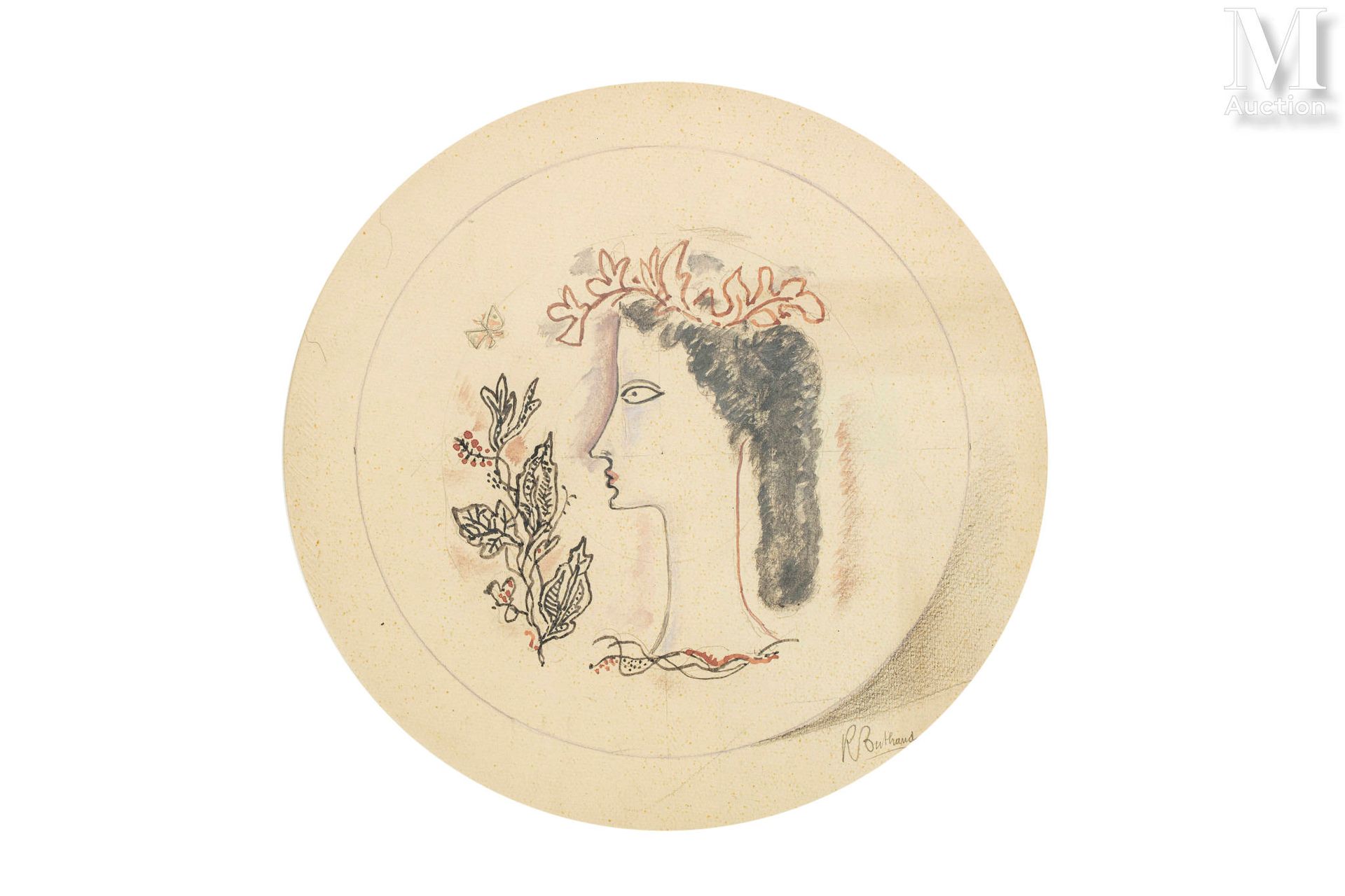 René BUTHAUD (1886 - 1986) "女人和树叶"。



盘子装饰的项目。

水粉、水彩和铅笔，纸上。

右下方有签名。

D：30厘米（视&hellip;