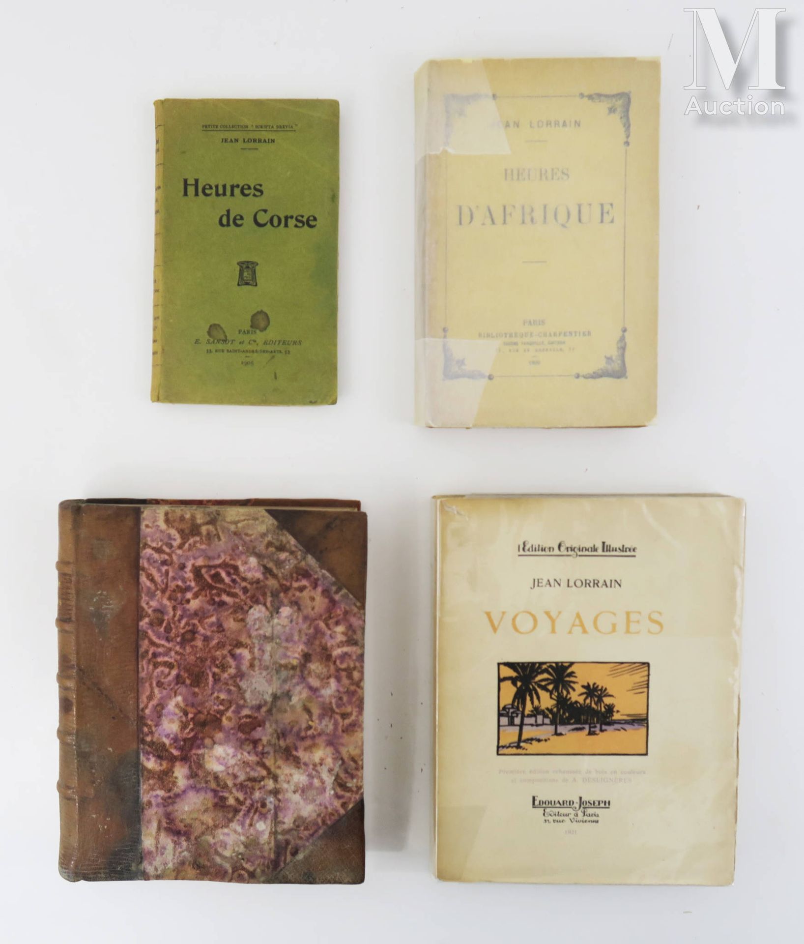 LORRAIN (Jean). 一套4册。

- 航行。A.的彩色木刻和构图加强的第一版。荒漠化。巴黎，Édouard-Joseph, 1921。小四开平装本，&hellip;