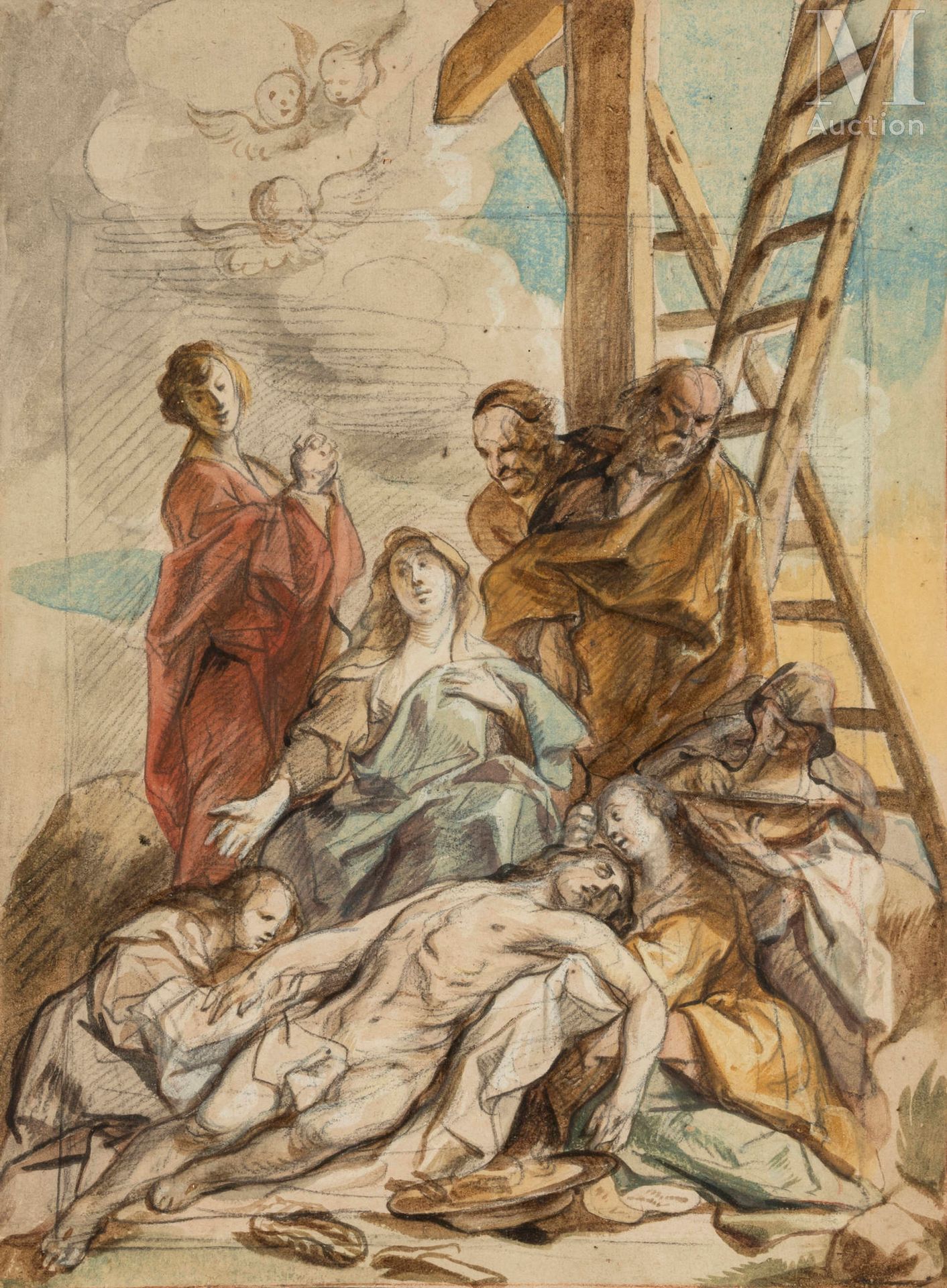 Jacob JORDAENS (1593 – 1678) 基督从十字架上下来，约1650年



黑色铅笔、红色粉笔和水彩水粉的亮点

用红色粉笔画出的外框线和&hellip;