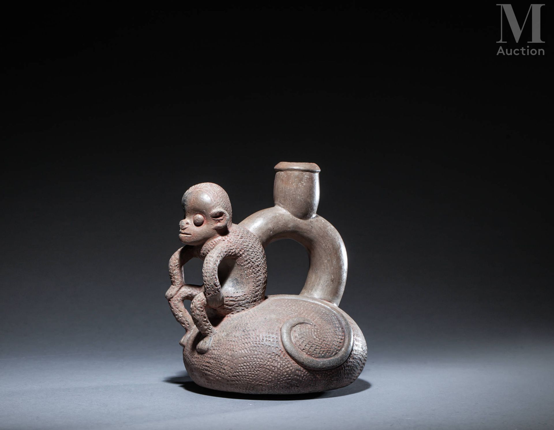 *Vase étrier presenting a young humanized monkey sitting gracefully on the body,&hellip;