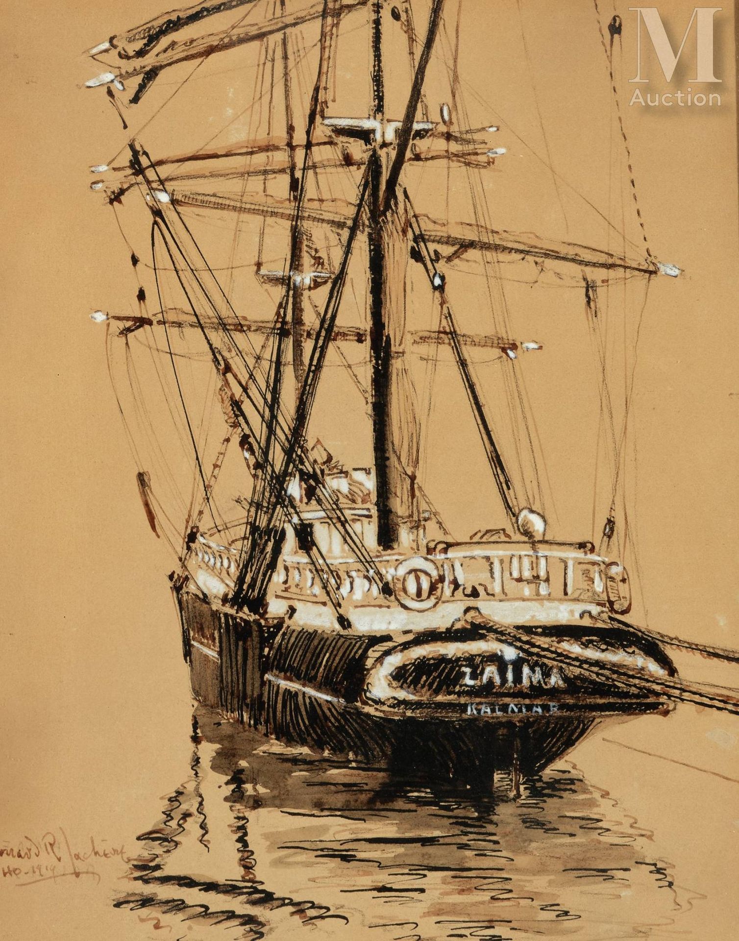 Bernard Lachevre (1885-1950) 码头上的双桅帆船 "赛马 "号 
墨水
尺寸：36 x 28,5厘米 
左下方有签名
