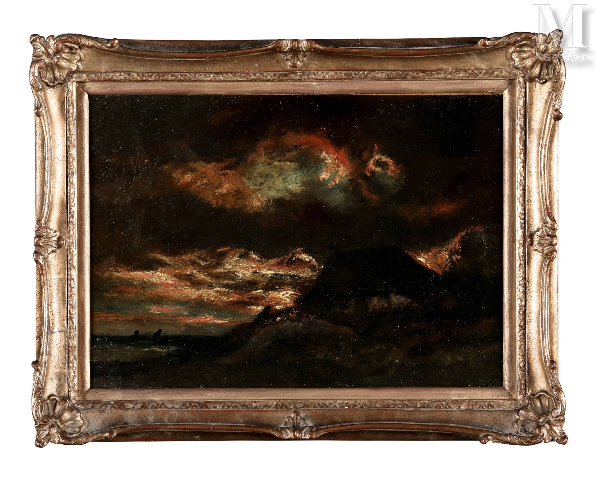 Jules DUPRÉ (1811 - 1889) 海边的小屋，靠近卡耶，日落时分

布面油画 
26 x 37,5 cm
右下方有签名

要与售出的作品进行比&hellip;