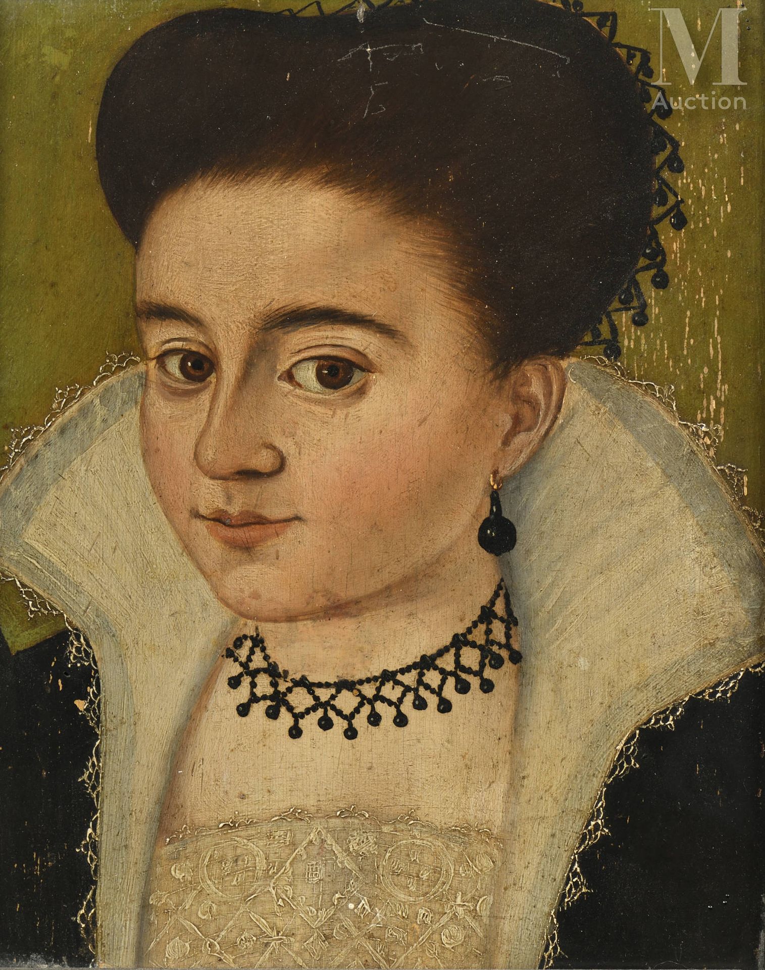 École FRANÇAISE vers 1590, suiveur de François QUESNEL 戴着黑珍珠项链和耳环的女士画像

镶木板 
19.&hellip;