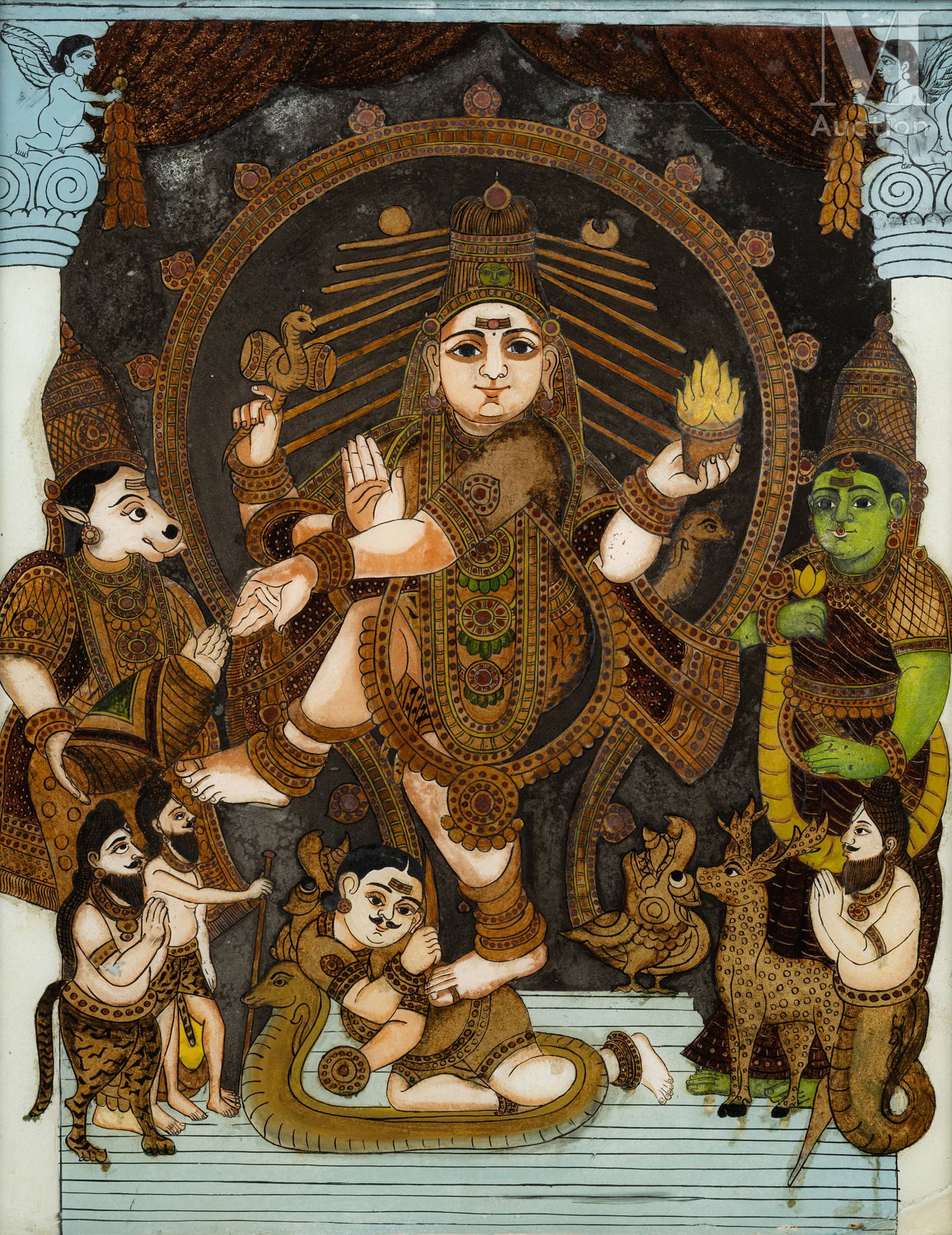 Hindouisme 固定在玻璃下，表现一个印度教的神，被一系列拟人化的人物包围在一个建筑天幕下（右下角的小事故）。有框。 
57.5 x 45.5厘米