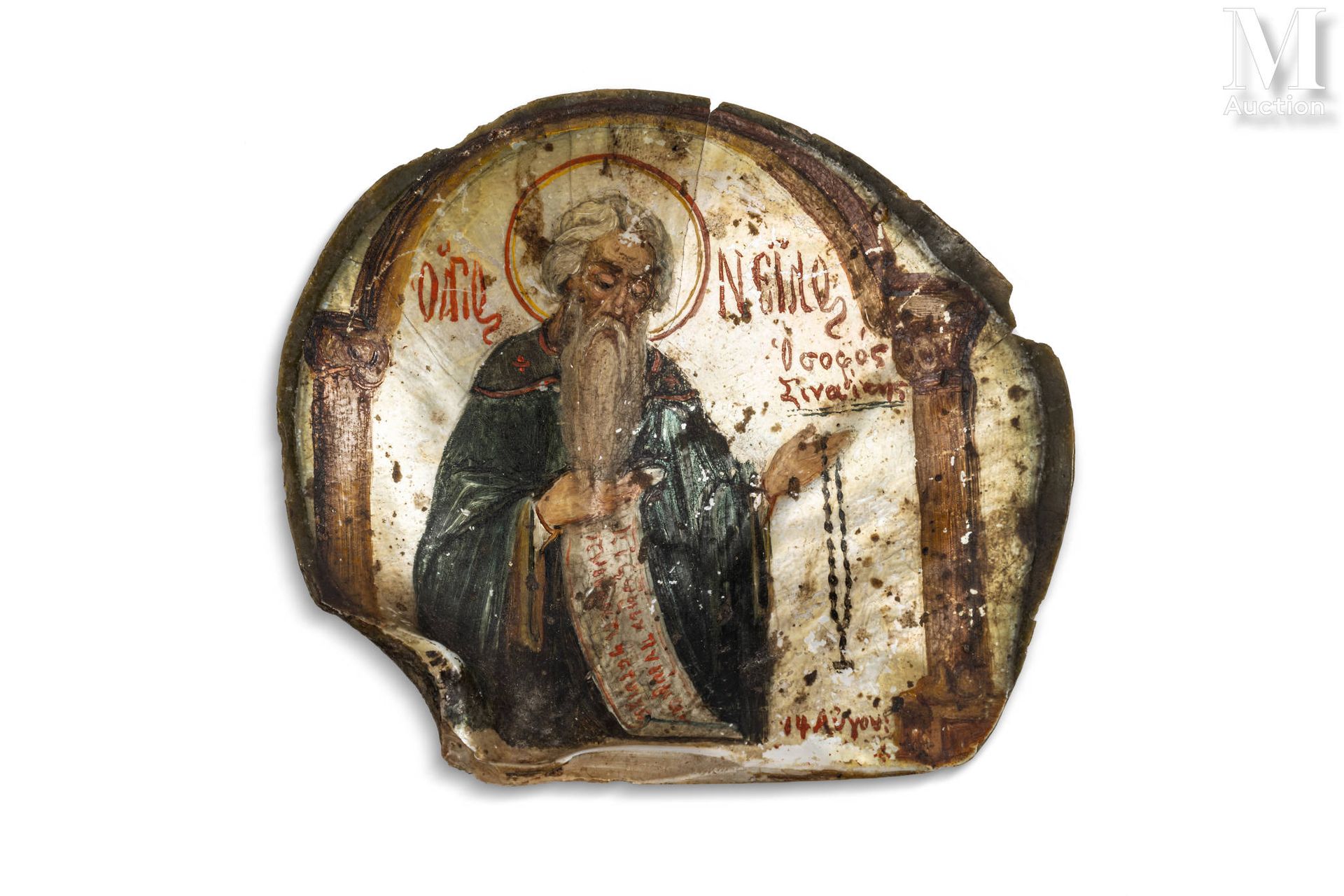Pintadine à l'apôtre 撒冷

珍珠母贝上涂有多色，并刻有红字。一个带着光环的使徒形象站在中央，右手拿着一个卷轴，左手拿着念珠。 
日期和签名&hellip;