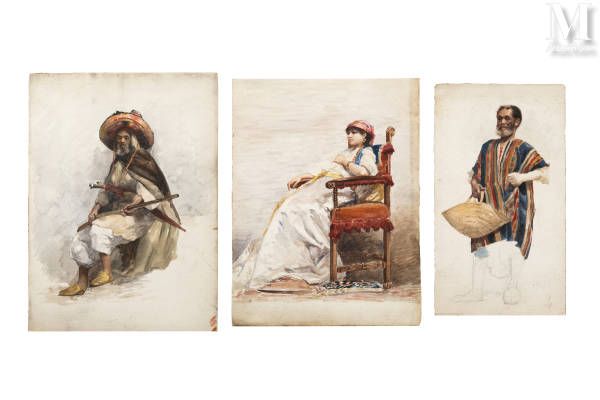 Josep TAPIRO y BARO ( Reus 1836- Tanger 1913) 拿着篮子的男人/拿着枪的坐着的男人/坐在扶手椅上的女人
一套三幅水彩&hellip;