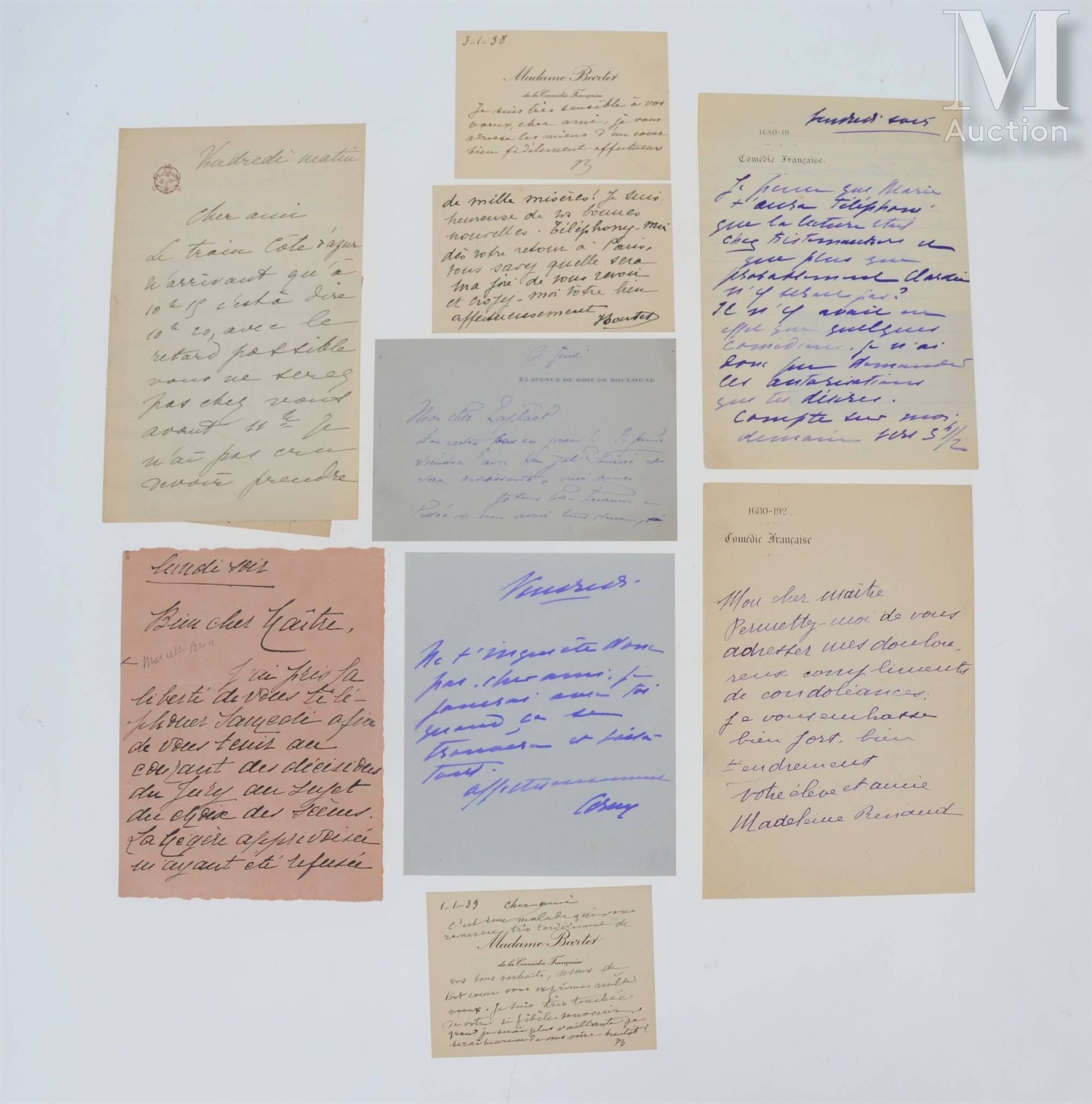 [Comédie Française]. 一套重要的65封居民和法兰西学院成员（以及一些作家）写给拉斐尔-杜洛斯的信，20世纪初，包括：。Madeleine R&hellip;
