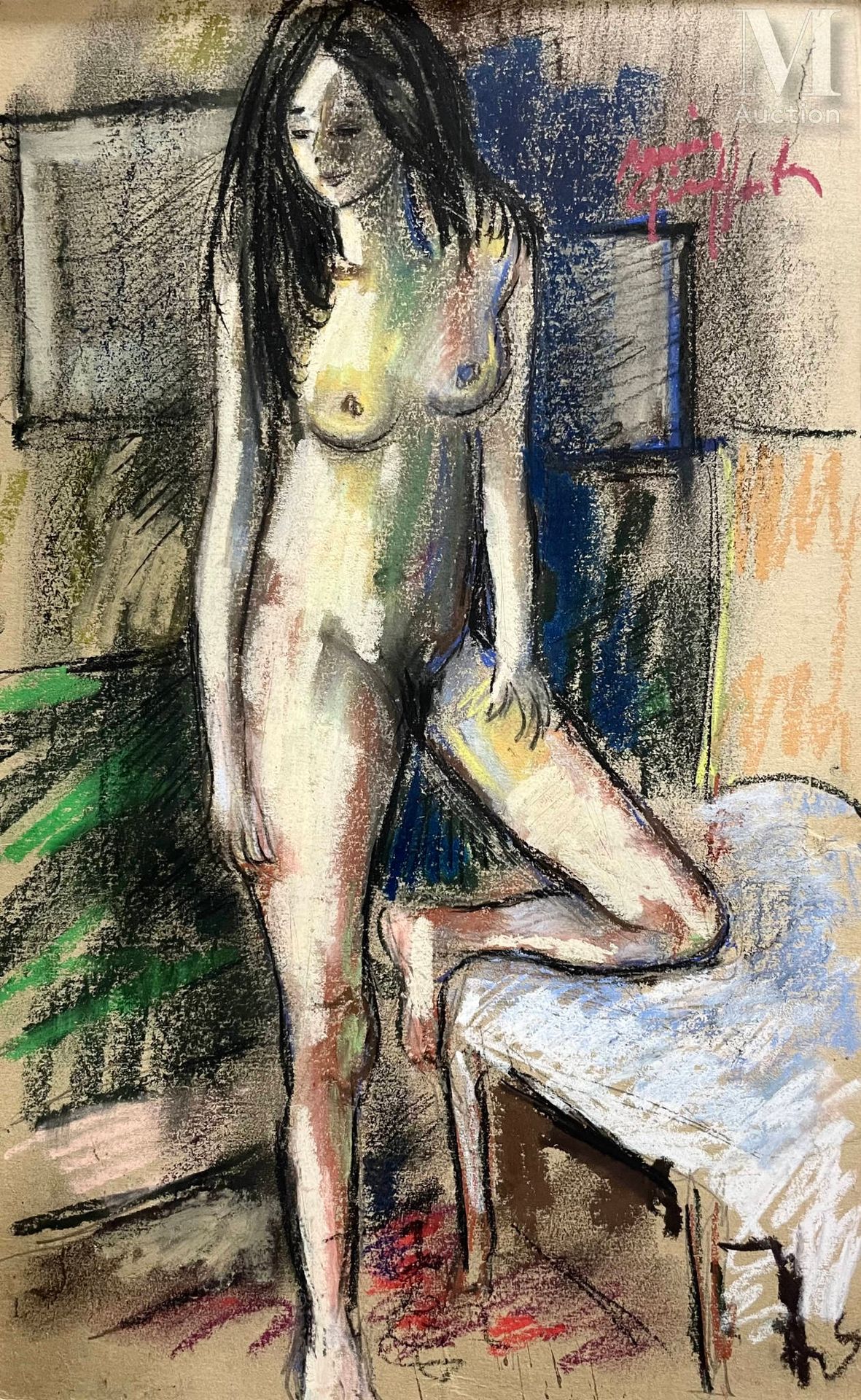 Ecole du XXème siècle Standing nude 
Oil pencil and pastel on paper
Signed at th&hellip;