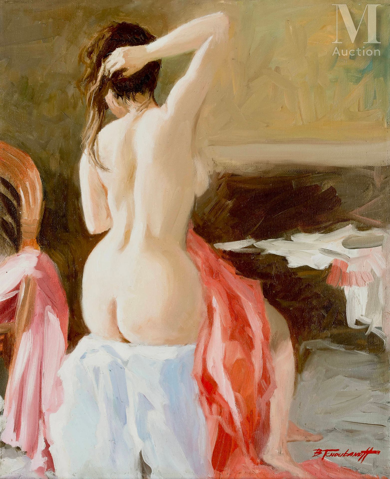 Boris TCHOUBANOFF (1946) 裸体女人做她的头发
布面油画
右下方有签名
46 x 38 cm