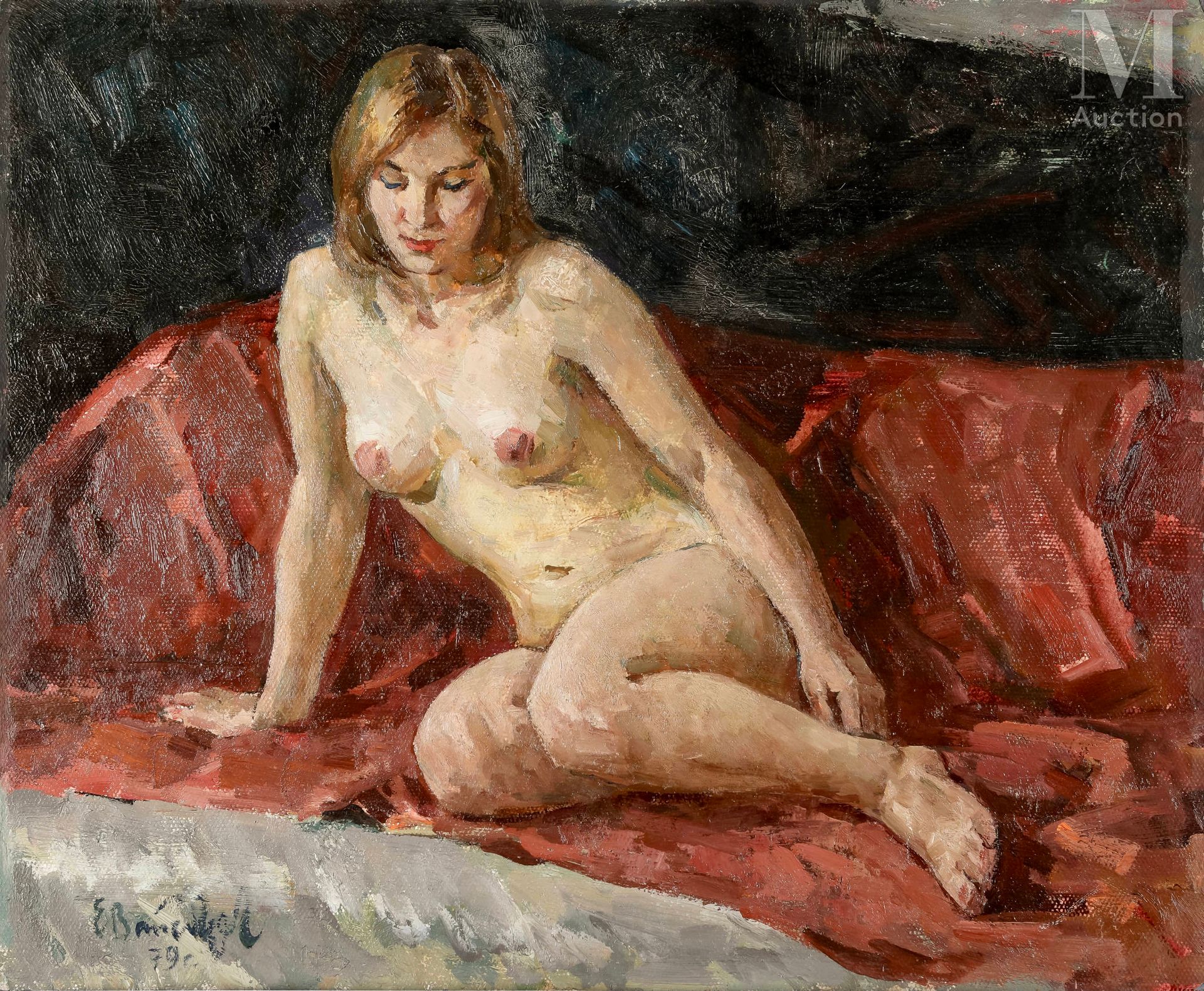 Ecole du XXème siècle Femme nue sur le lit 
Huile sur panneau 
Signé en bas à ga&hellip;