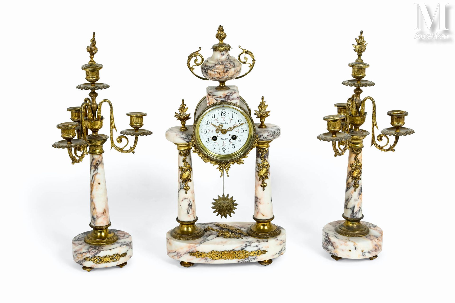 Garniture de cheminée including a clock and two candlesticks with three arms; in&hellip;