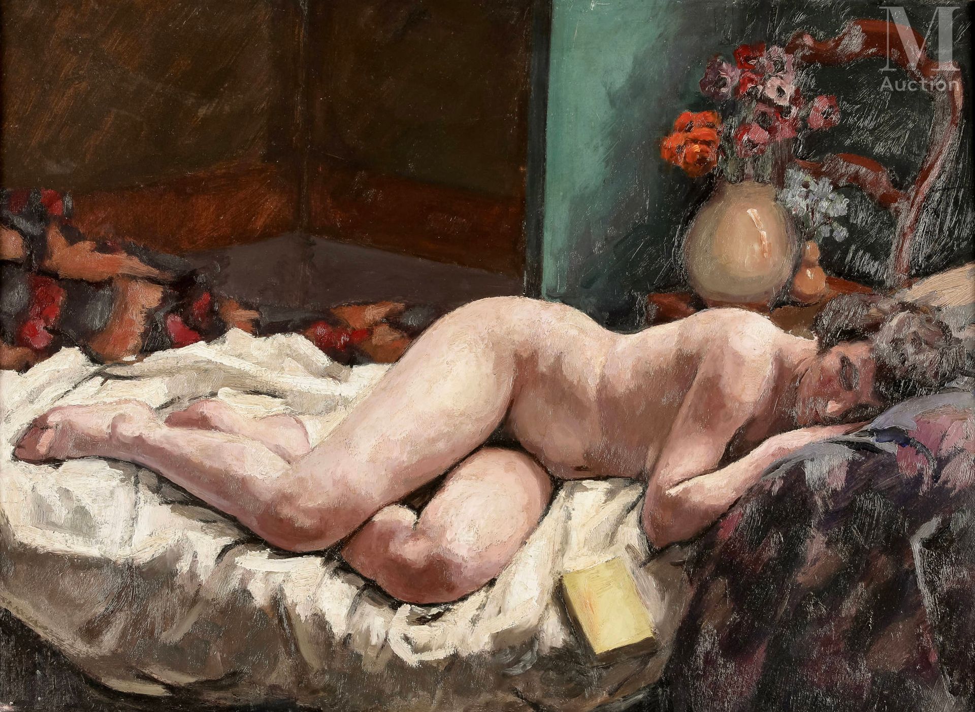 Ecole du XXème siècle Femme nue endormie 
Huile sur panneau
58 x 79 cm