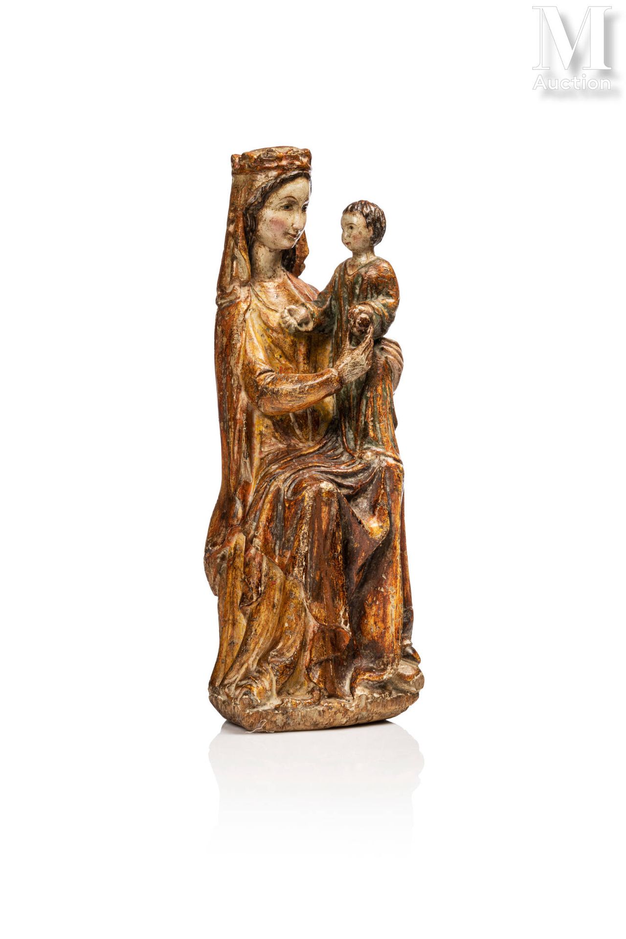 Vierge à l'enfant 多色木雕，玛丽头戴冠冕，身披帷幔，孩子坐在她的腿上
法兰德斯，可能是17世纪
高：38厘米
(旧址修复)