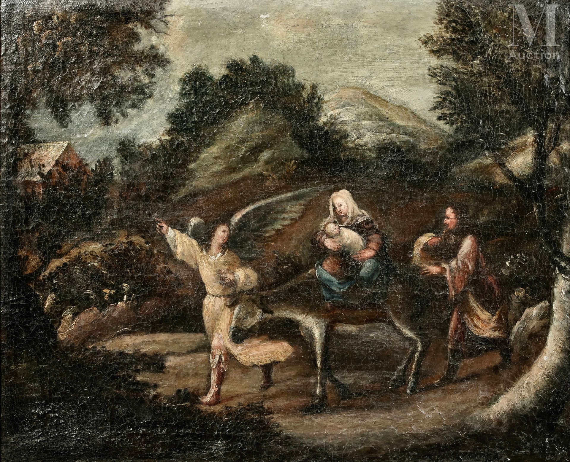 Ecole FRANCAISE du XVIIIème siècle 飞往埃及
布面油画
40 x 49,5 cm 
小事故