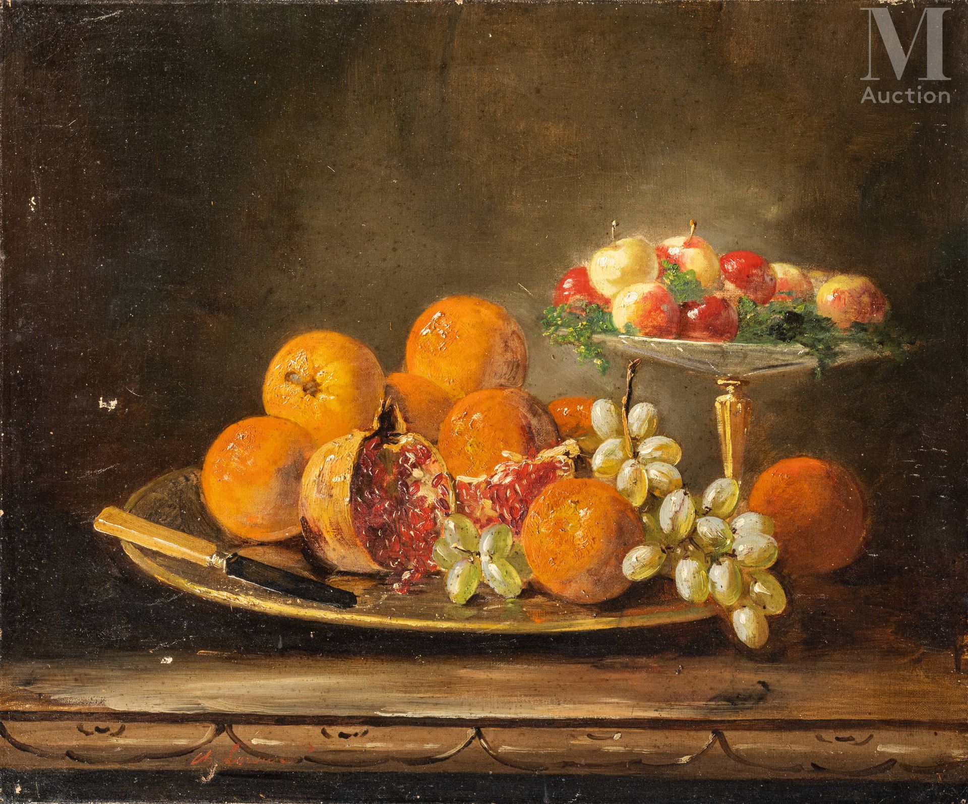Ecole Française du XIXème siècle 石榴、橙子和葡萄的静物画。

布面油画
64 x 54 cm
左边有签名。
损坏，无画框