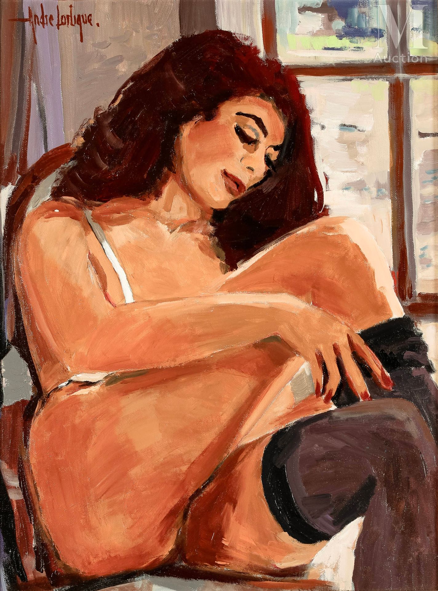 André LARTIGUE (1924-1993) Donna nuda con calze nere
Olio su tela
Firmato in alt&hellip;