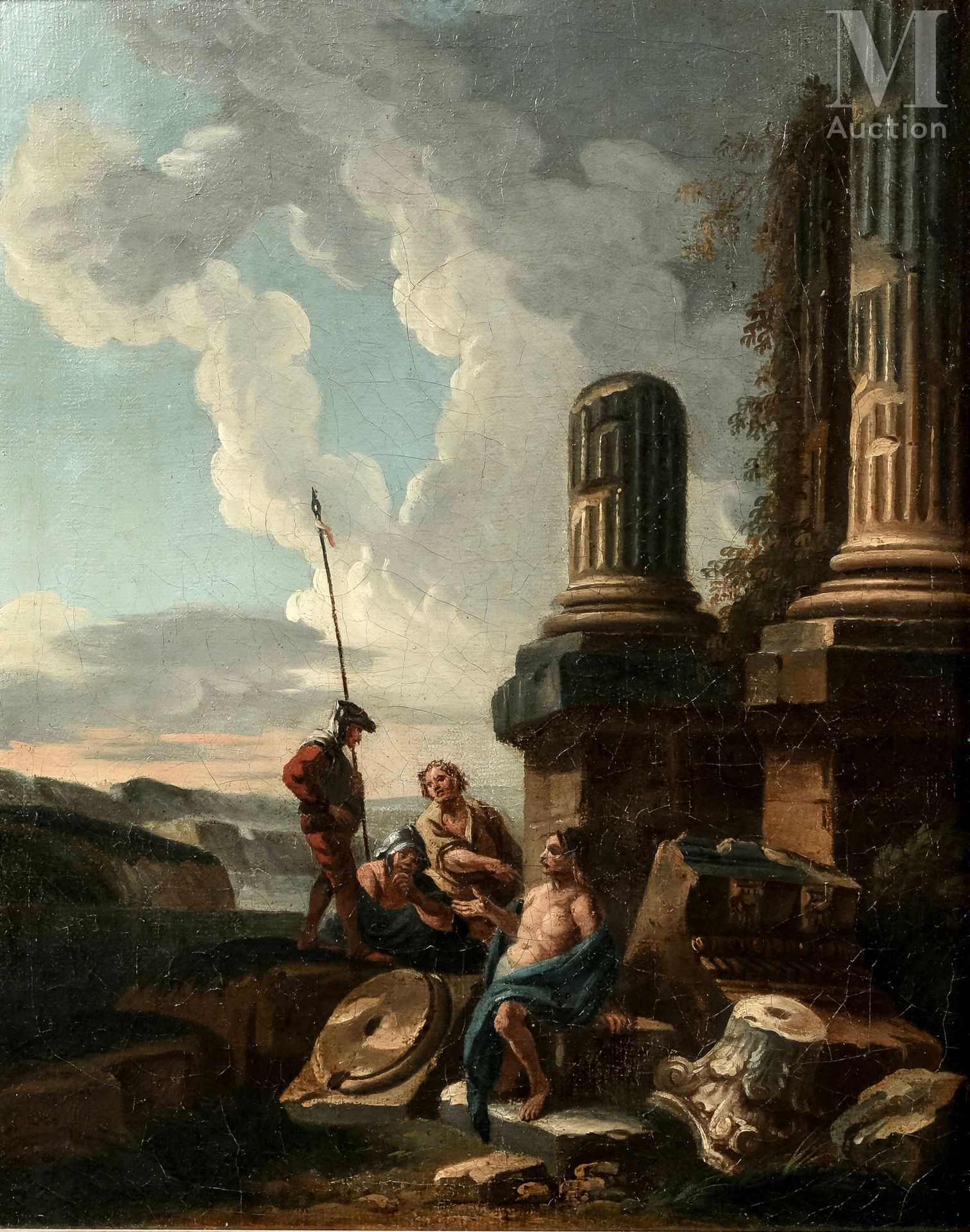 Attribué à Giovanni Paolo PANINI (1691- 1765) 废墟附近的讨论
布面油画 
40 x 32,5 cm