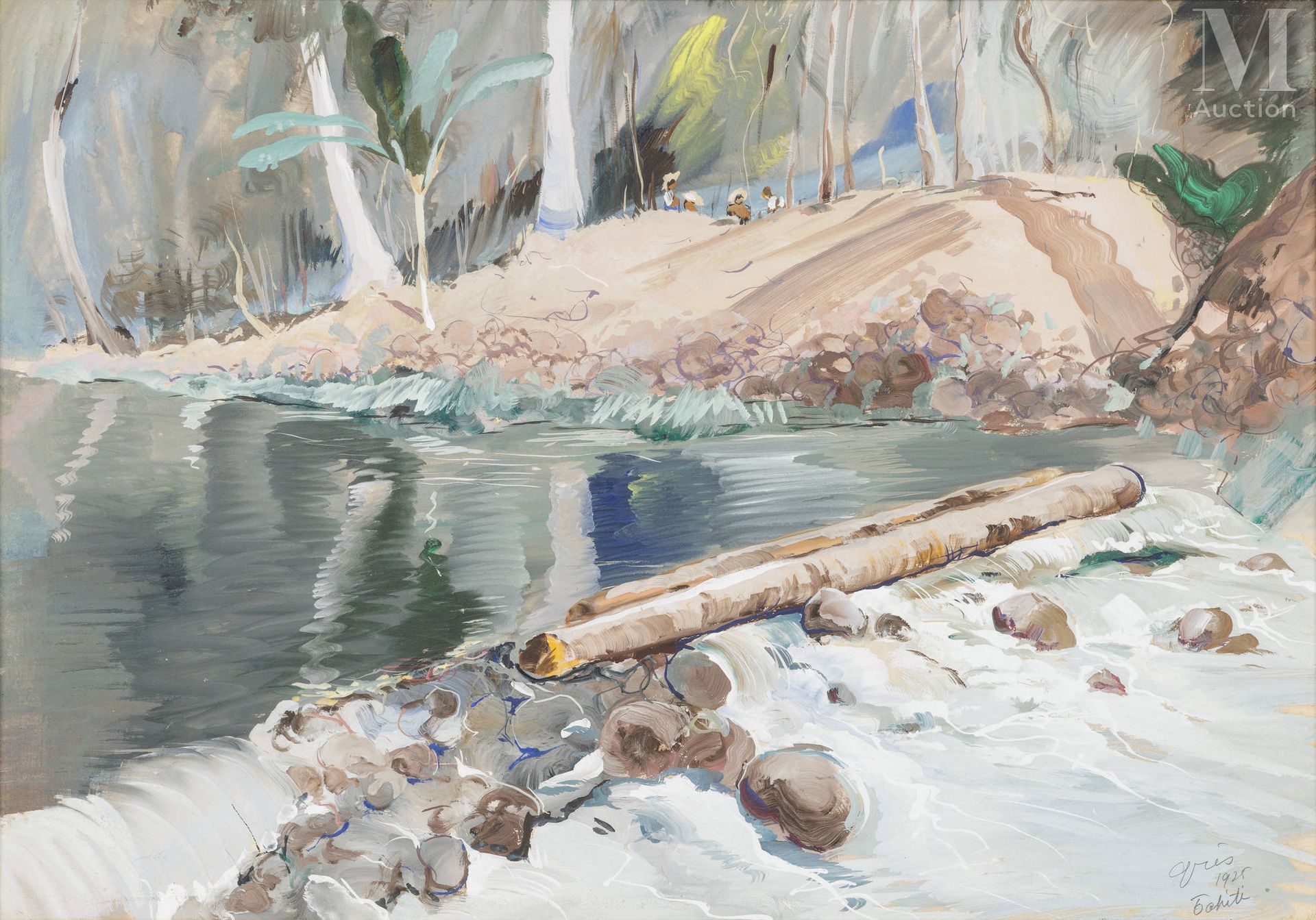 Serge GRÈS (1899-1970) 塔希提岛的洪流

1935年制造 
水粉画在纸板上 
42 x 61厘米 
右下角有签名、日期和 "Grès 19&hellip;