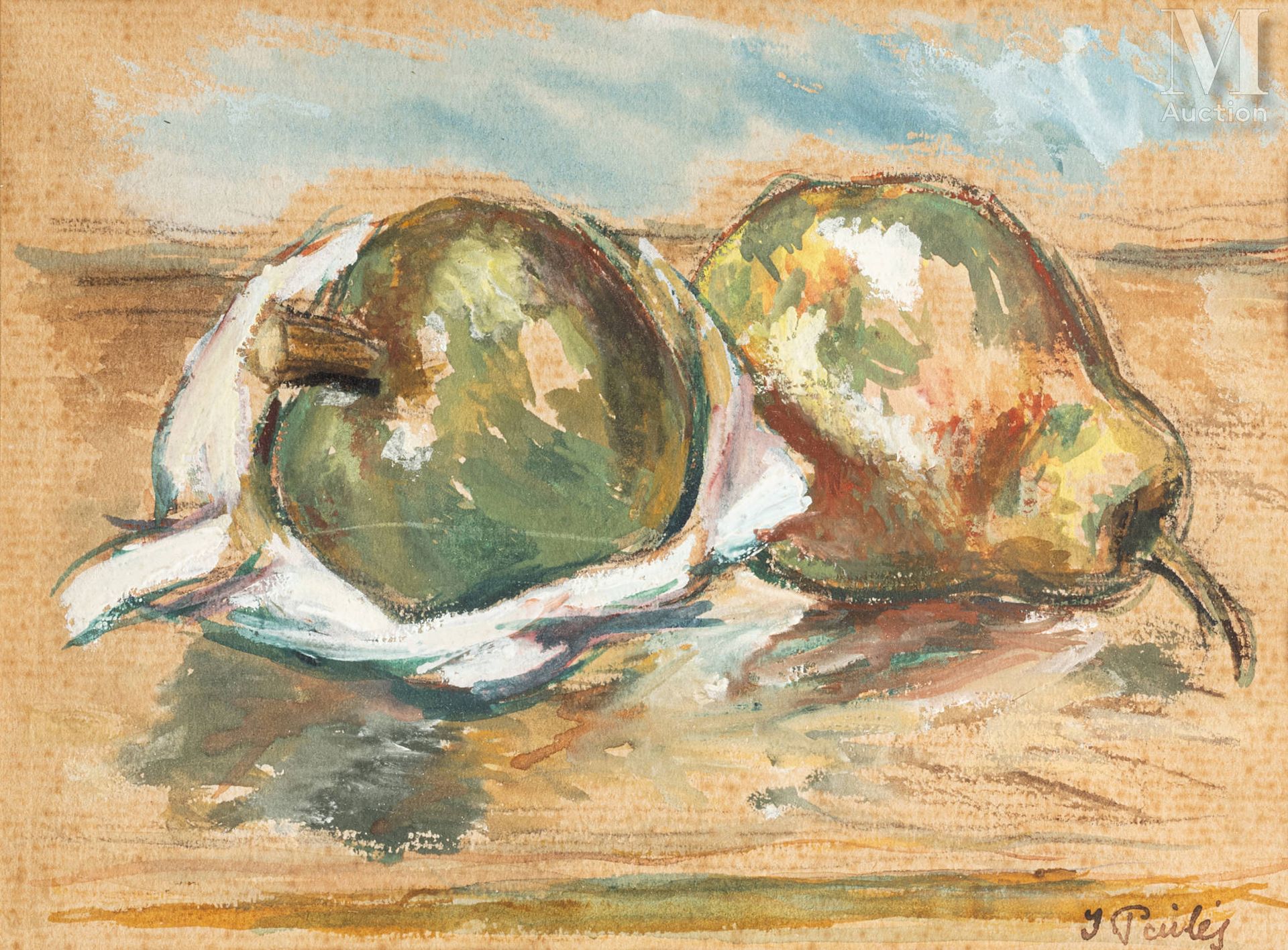 Isaac PAÏLES (Kiev 1895-France 1978) 苹果和梨子

纸上混合媒体 
11,5 x 15,5 cm
右下角有 "I.Pailè&hellip;