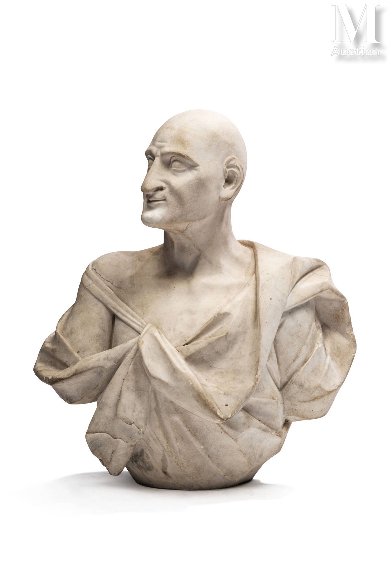 Important buste Homme à l'antique
en pierre
77 x 68 cm.
Sur un socle en marbre n&hellip;
