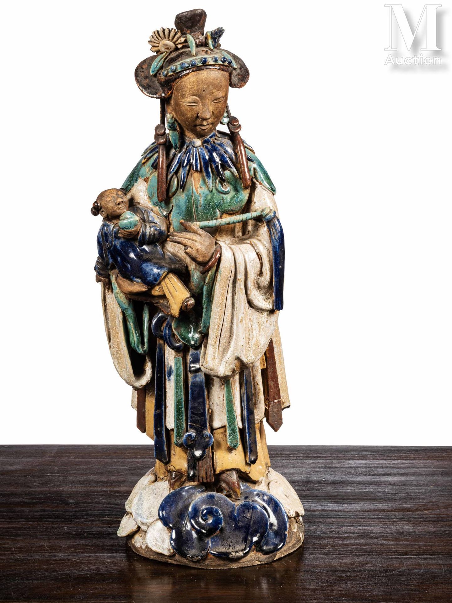 VIETNAM, XIXe siècle Statue en céramique à glaçure de couleur vert, crème et tur&hellip;