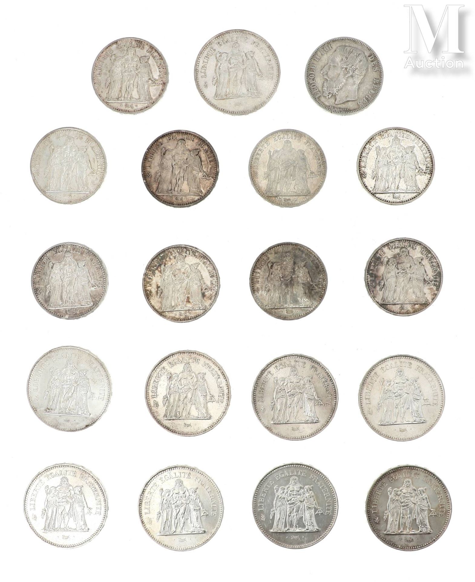 Lot de pièces en argent Lot of silver coins including:
- 9 x 50 FF Hercules (197&hellip;