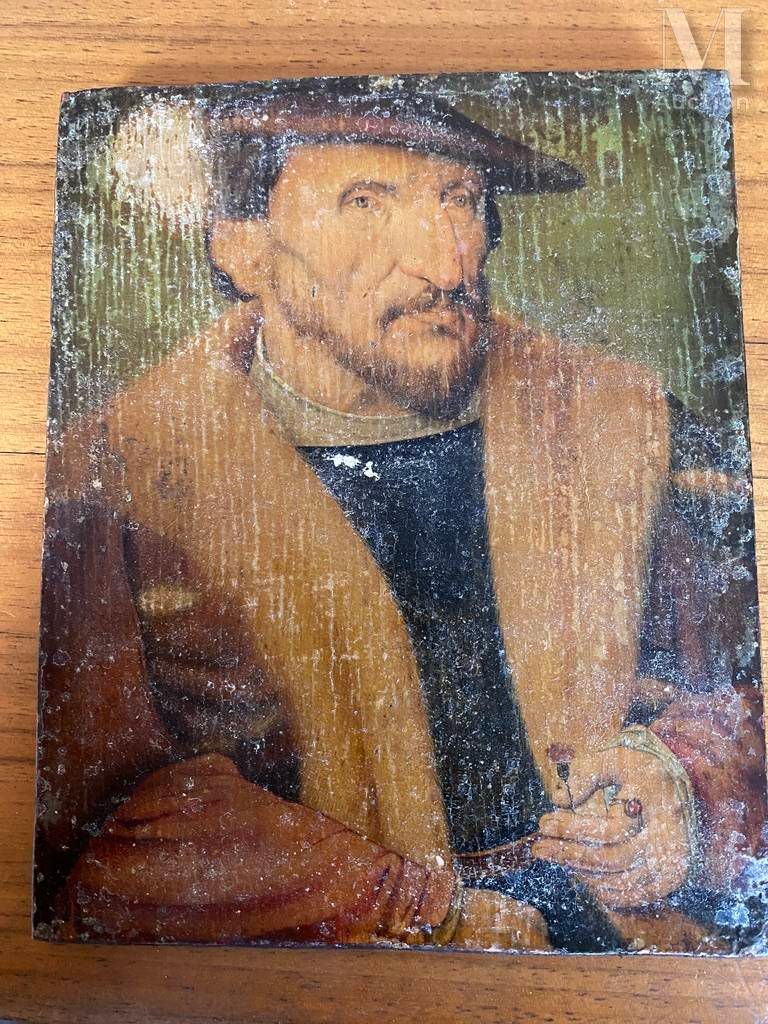 Dans le goût de Barthel BRUYN 手持康乃馨的男子画像

橡木板，一块板，没有镶边
无框
16,2 x 13,2 cm
缺少的小碎片