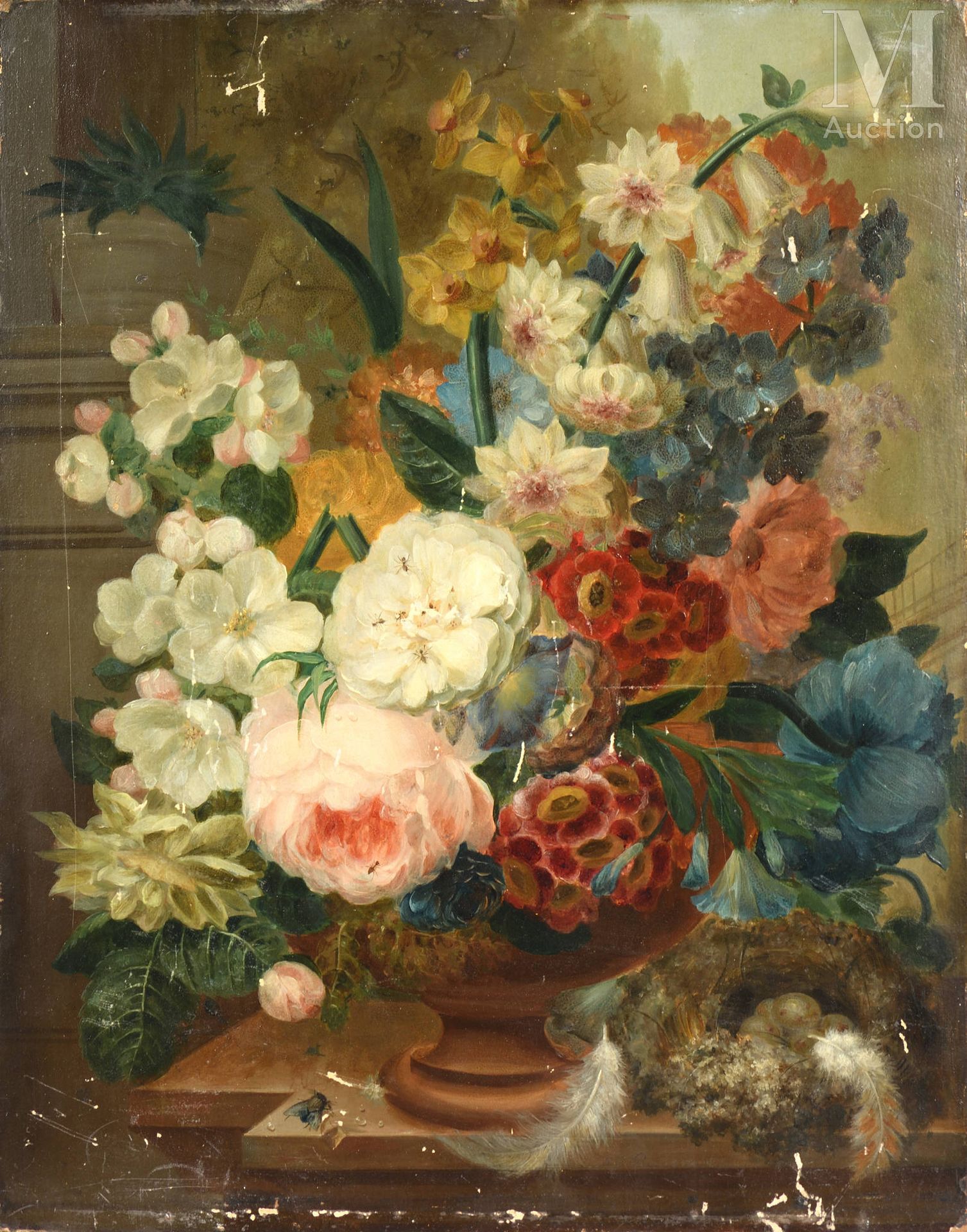 Adriana van RAVENSWAAY (Hilversum 1816 - 1872) Bouquet de fleurs sur un entablem&hellip;