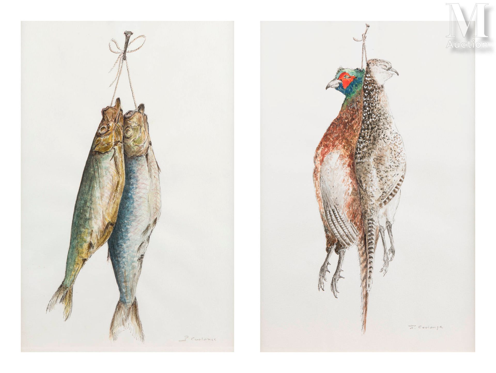 Paul COULANGE (actif au Xxème) 几只野鸡和几只鲱鱼
纸上水彩和墨水一对
右下方有签名 
48 x 31,5 cm