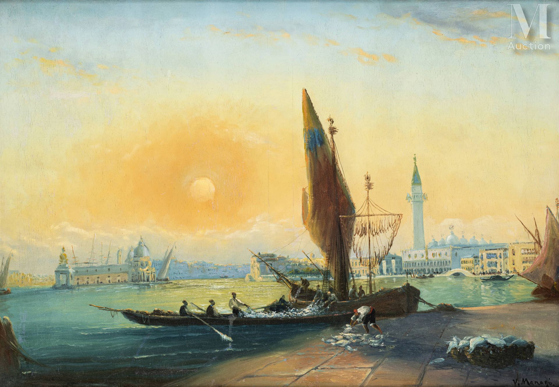 Vincent MANAGO (1880-1936) 威尼斯的渔民

原创布面油画
65 x 92 cm
右下角有签名V.马纳戈 
(修复)