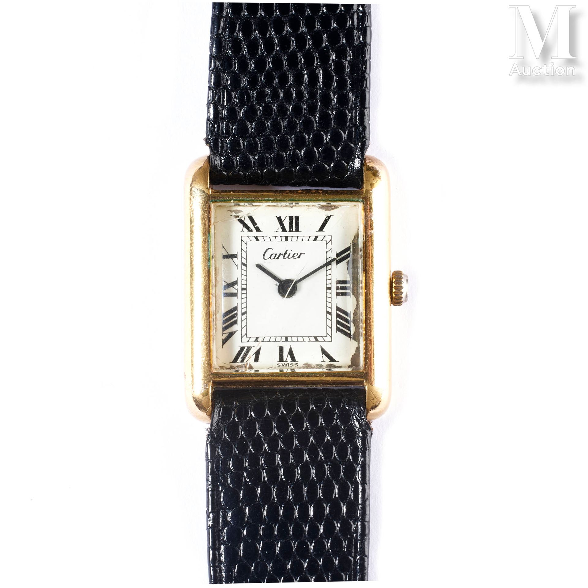 Cartier Tank 
Rectangular women's watch 
Circa 1980
Gold plated case signed 
Whi&hellip;
