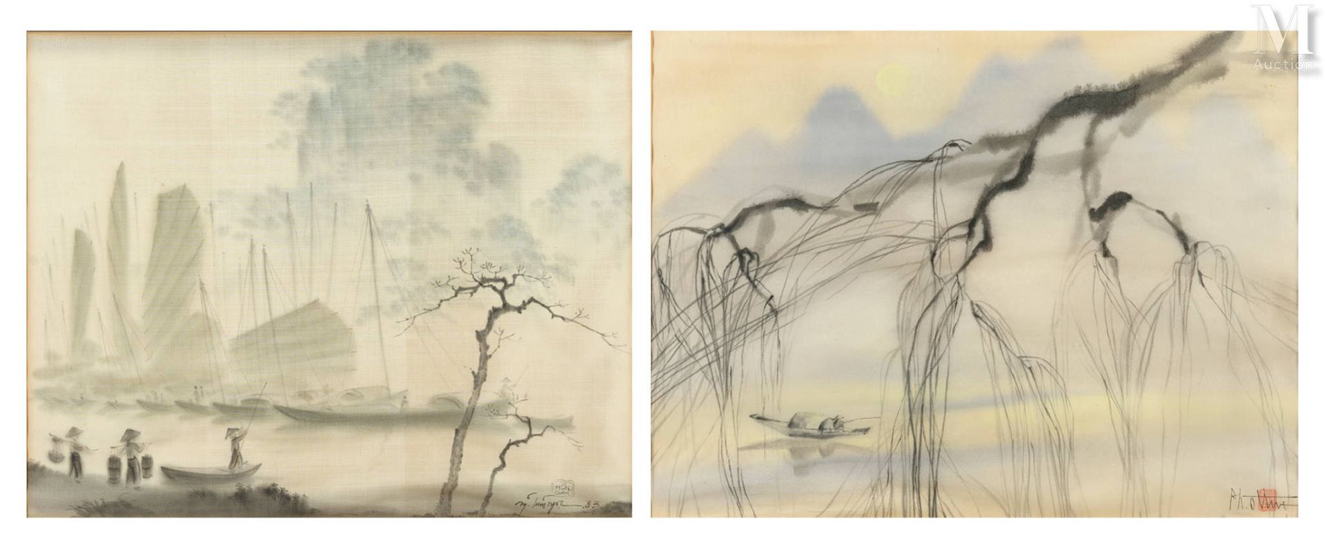 VIETNAM, XXe siècle 一套两幅的丝绸画

一幅表现河中的船只 
右下方有签名和日期1983
34 x 45厘米（展示中）

另一幅表现树枝间的&hellip;