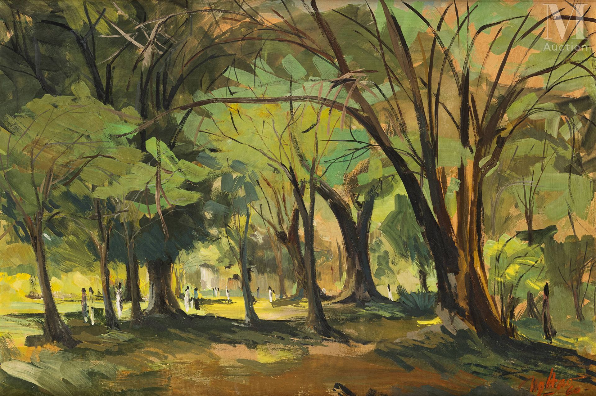 VIETNAM, XXe siècle 在树下散步，1960年

布面油画
右下角有签名 "吴昊 "和日期
54 x 70厘米