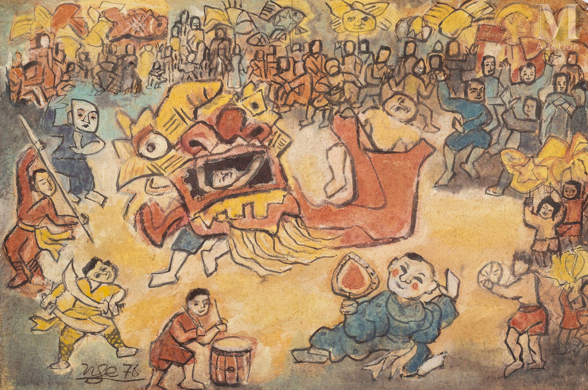 NGUYEN TU NGHIEM (1922-2016) 独角兽舞（Múa lân），1976年

纸上水粉画
左下方有签名和日期
40 x 60厘米

出处。&hellip;