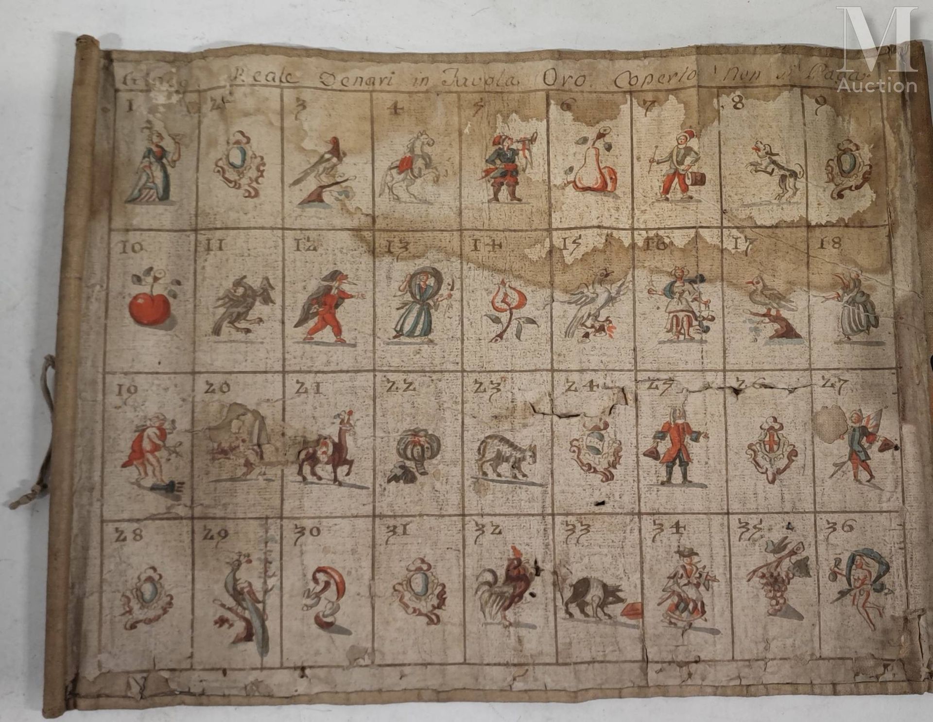 LOTO "Biribisso"

意大利
墙纸粘贴在帆布上，包裹着两根木棍。分为36个编号的方块，包含水果、动物、纹章以及男性和女性的图像，在上部写着 "Gi&hellip;