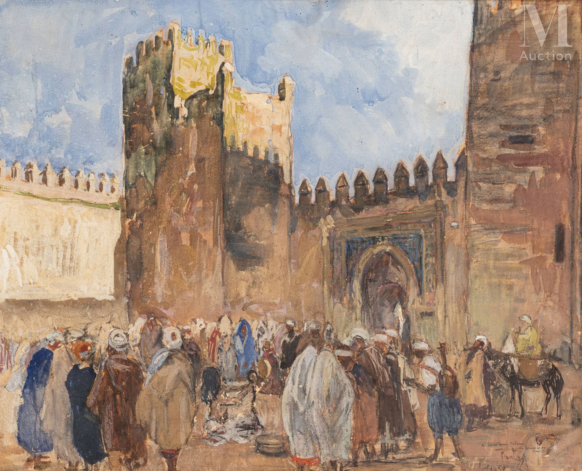 Henri PONTOY (Reims 1888 - Six-Fours-les-Plages 1968) 摩洛哥南部卡斯巴城墙前的市场
纸上水彩和水粉画 
4&hellip;