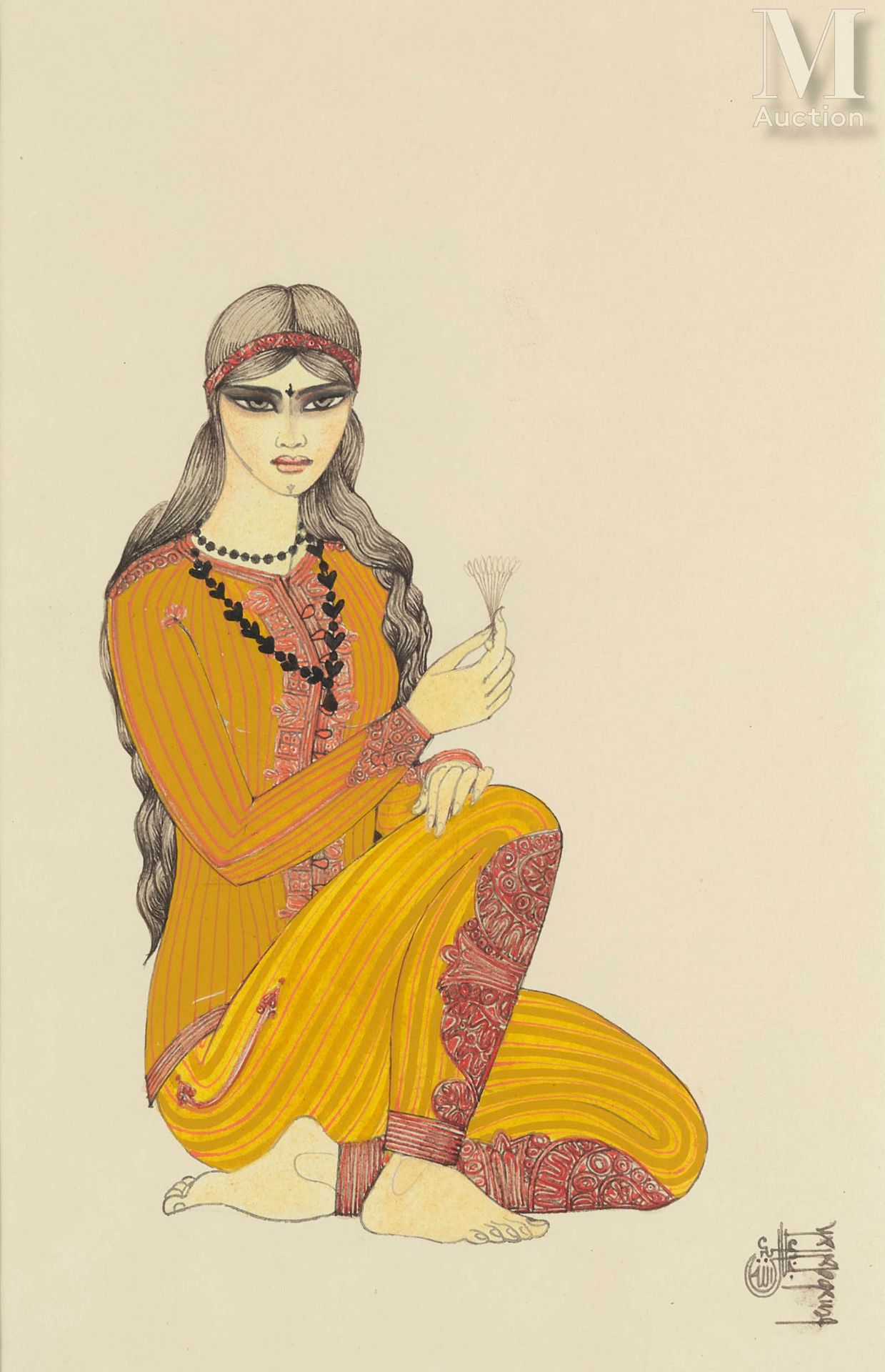 Jellal BEN ABDALAH (Tunis 1921) Young woman with jasmine
Gouache and ink 
27.5 x&hellip;