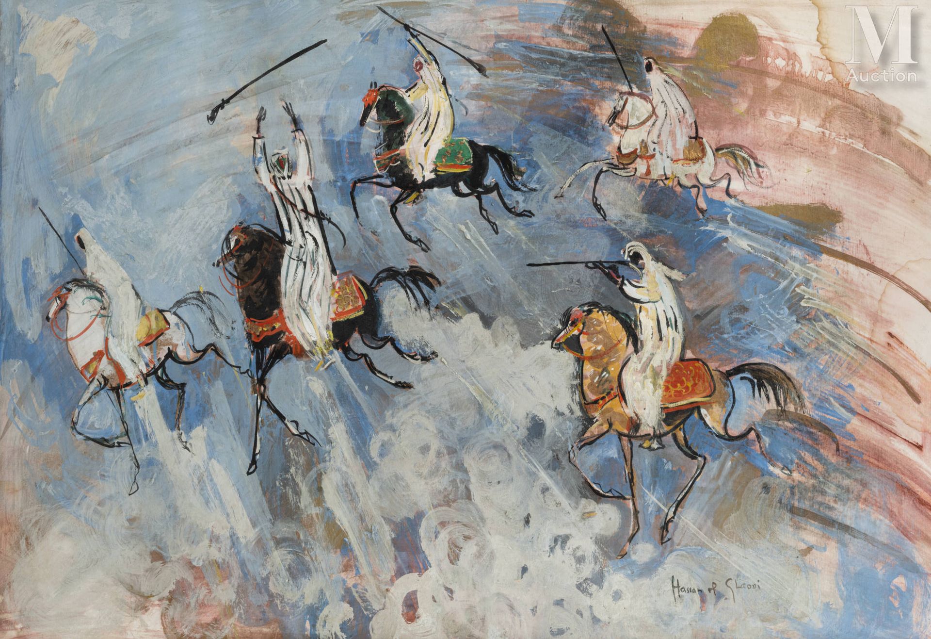 Hassan EL GLAOUI (1923-2018) 蓝色背景上的骑手
卡片上的混合媒体
74.5 x 107 cm
签名右下：Hassan el Glao&hellip;