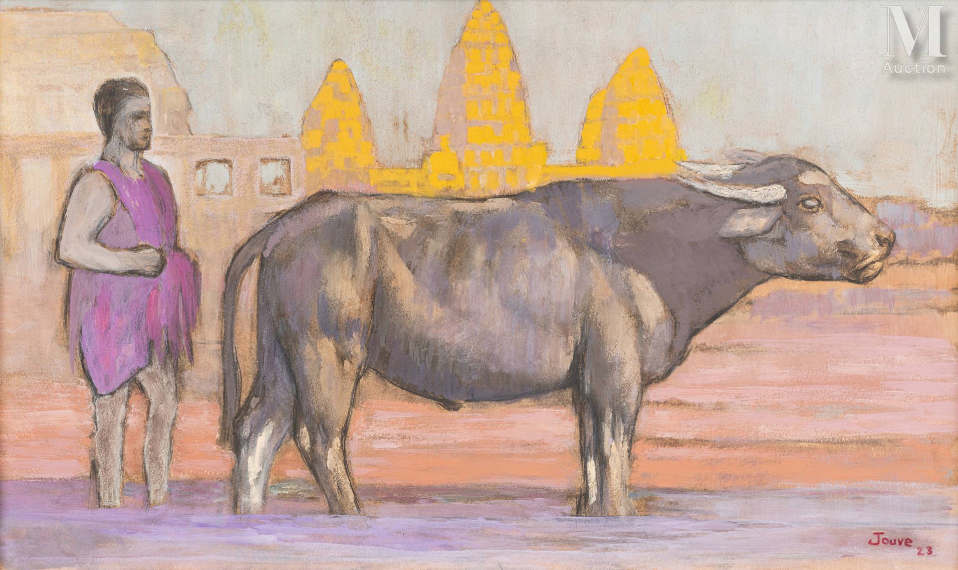 Paul JOUVE (Bourron Marlotte 1878 - Paris 1973) 水牛在吴哥寺的水池前，1923年
面板油画 
32.5 × 54&hellip;