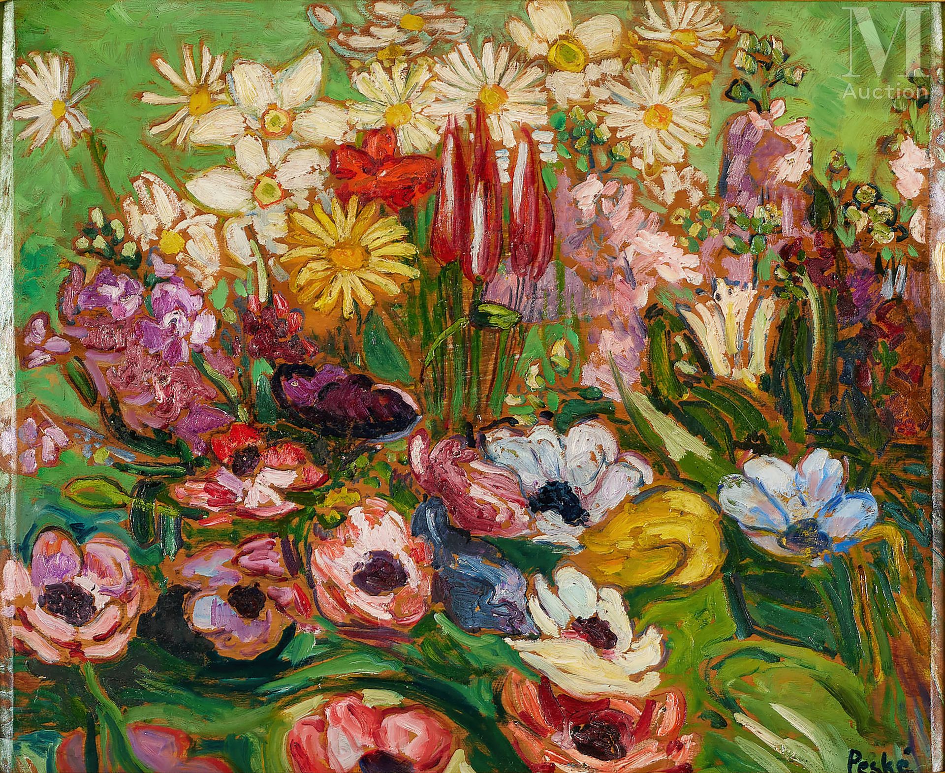 Jean Miscelas PESKE (Golta 1870 - Le Mans 1949) Flowerbed / Tulips in the garden&hellip;