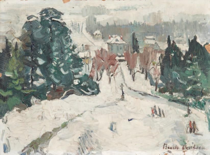 Bessie DAVIDSON (Adelaide 1880 - 1965) Parc sous la neige Huile sur carton 25,5 &hellip;