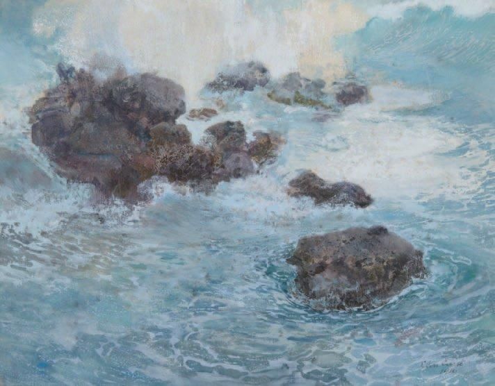 Léon CARRE (Granville 1878 -?) Rochers dans la mer Gouache sur papier marouflé s&hellip;